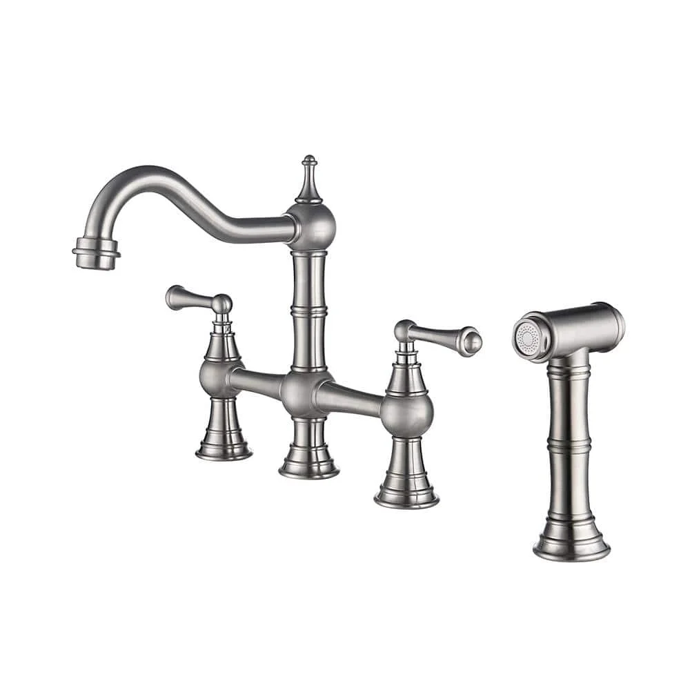 UPIKER Double Handle Bridge Kitchen Faucet with Pull-Out Side Spray in Brushed Nickel