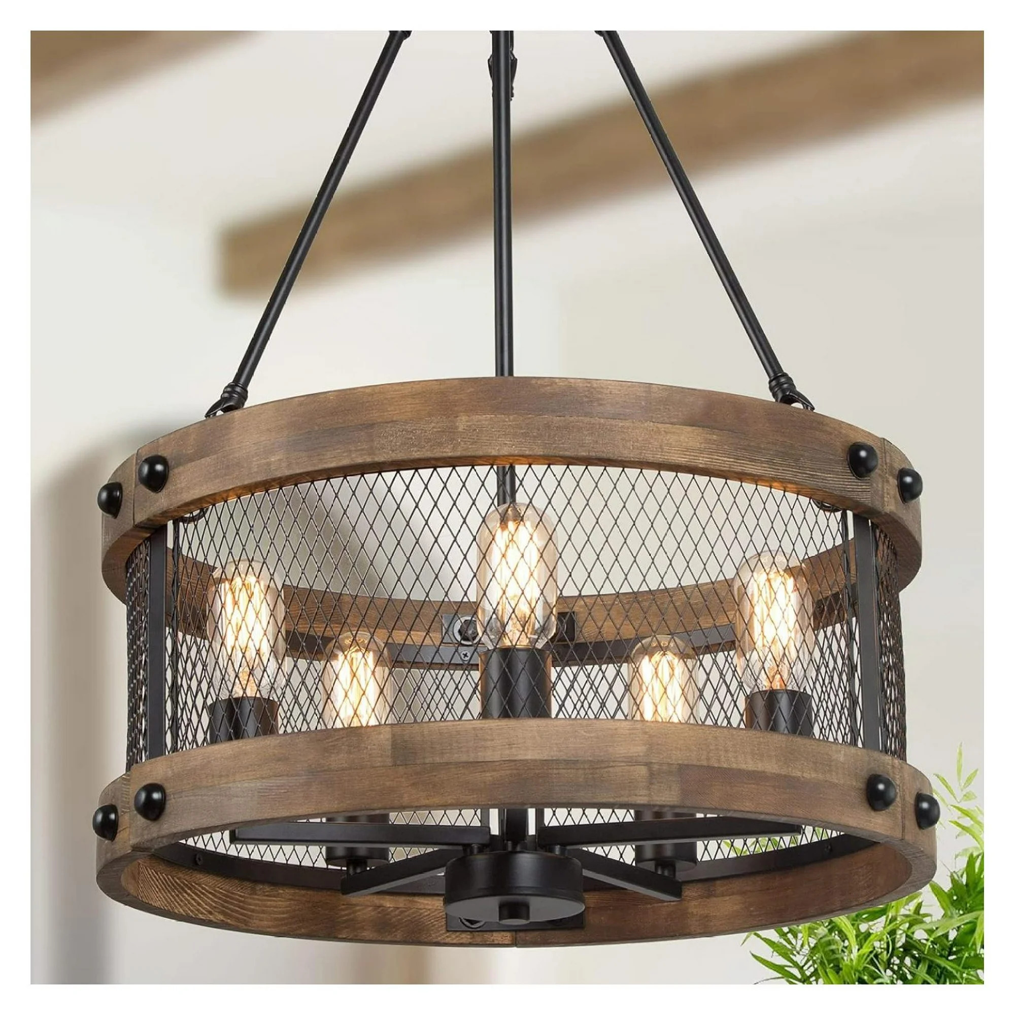 ZHANGHU Farmhouse Chandelier for Dining Room, 18 Round Wooden Chandelier for Kitchen Island, Foyer, Entryway, 5-Light