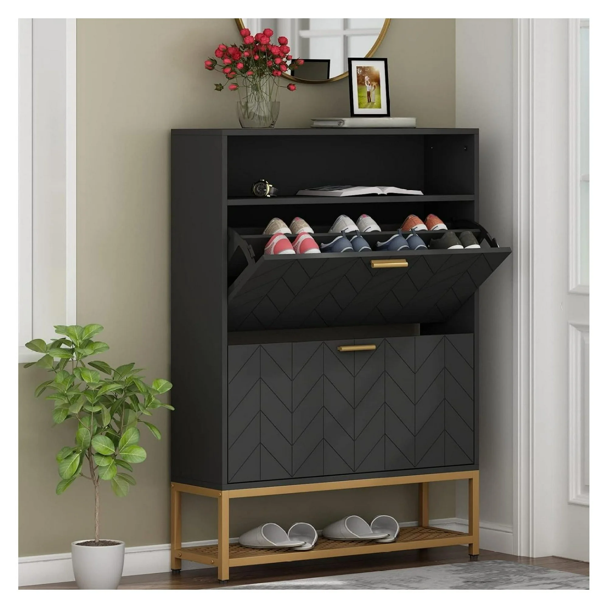 ZHANGHU Shoe Cabinet, Standing Tipping Bucket Shoe Rack Organizer with 2 Drawers,Entryway Narrow Shoe Storage with Shelf & Top Cubby,Modern Slim Hidden Cabinet With Doors (Black)