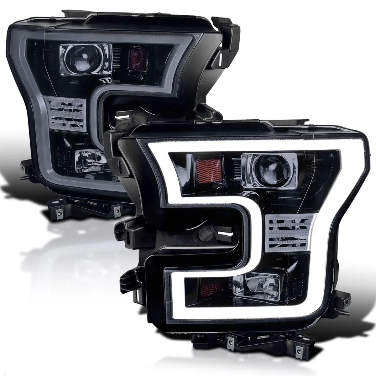 Spec-D Tuning Glossy Black Smoke Projector Headlights W/ LED Bar Compatible with 2015-2017 Ford F150, Left + Right Pair Headlamps Assembly