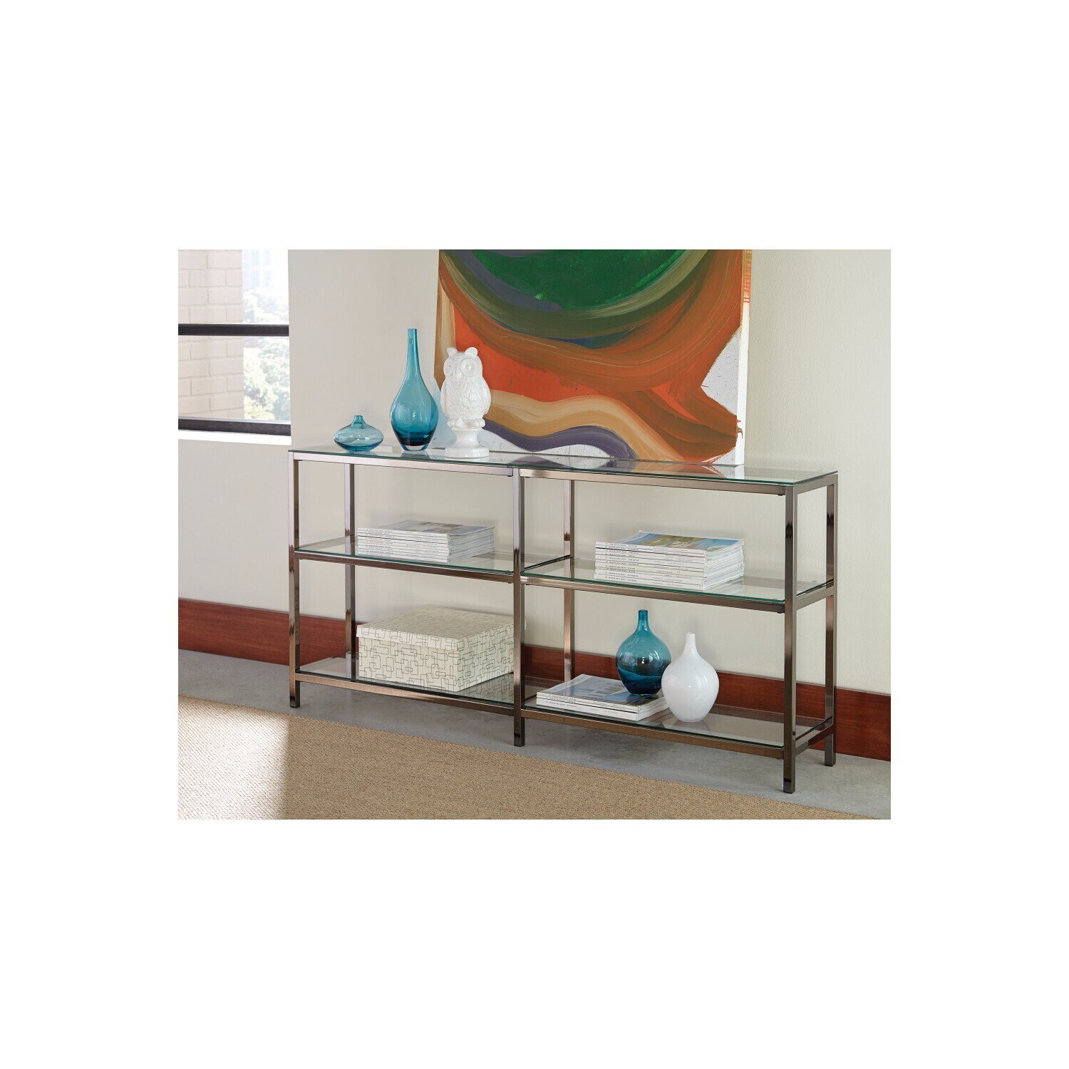HomeStock Metal Bookcase With Glass Shelves, Silver