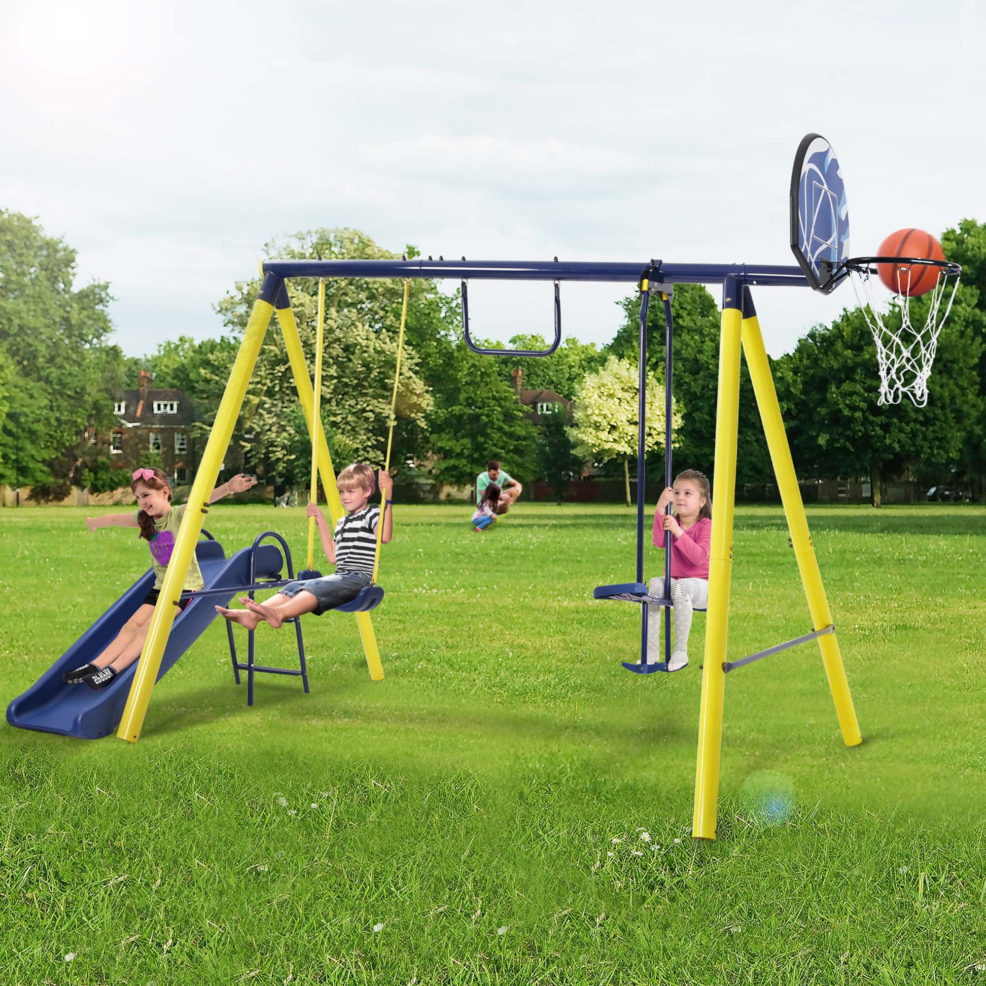 5 in 1 Outdoor Toddler Swing Set, Playground Steel Frame Swing Sets, Combo Swing Set w/ Slide Set & Seesaw Swing & Horizontal Bar & Basketball Hoop, Backyard Swing Playset for Kids Outdoor Fun, T1191