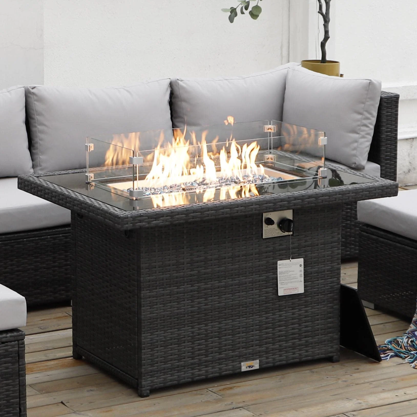 Nicesoul 43'' Outdoor Patio Propane Gas Wicker Smokeless Fire Pit Table, 55000 BTU 8mm Tempered Glass Tabletop & Blue Stone,CSA Certification