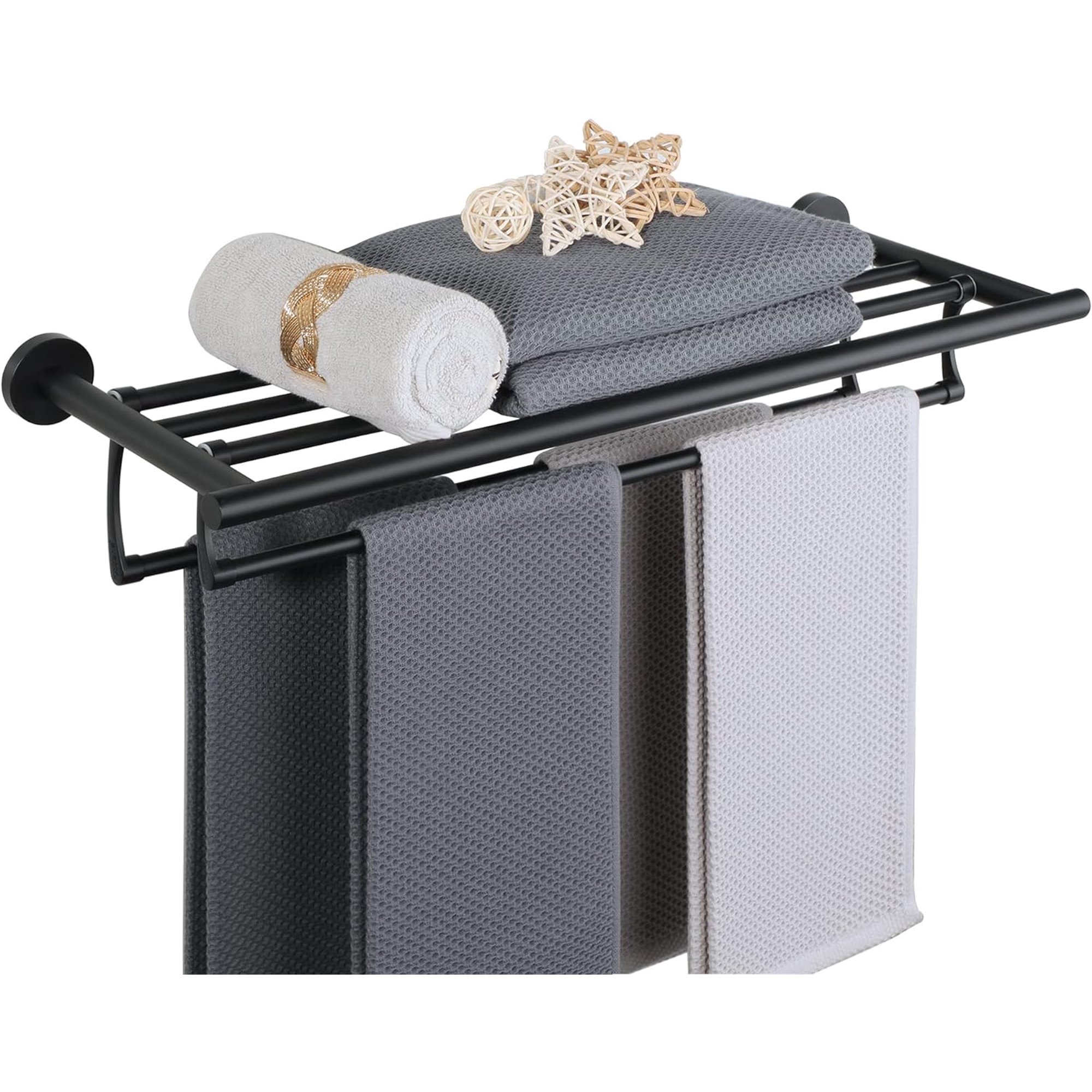 Towel Rack For Bathroom With Double Towel Bar, 24 Inch Towel Holder Towel Shelf Matte Black Wall Mounted Sus 304 Stainless