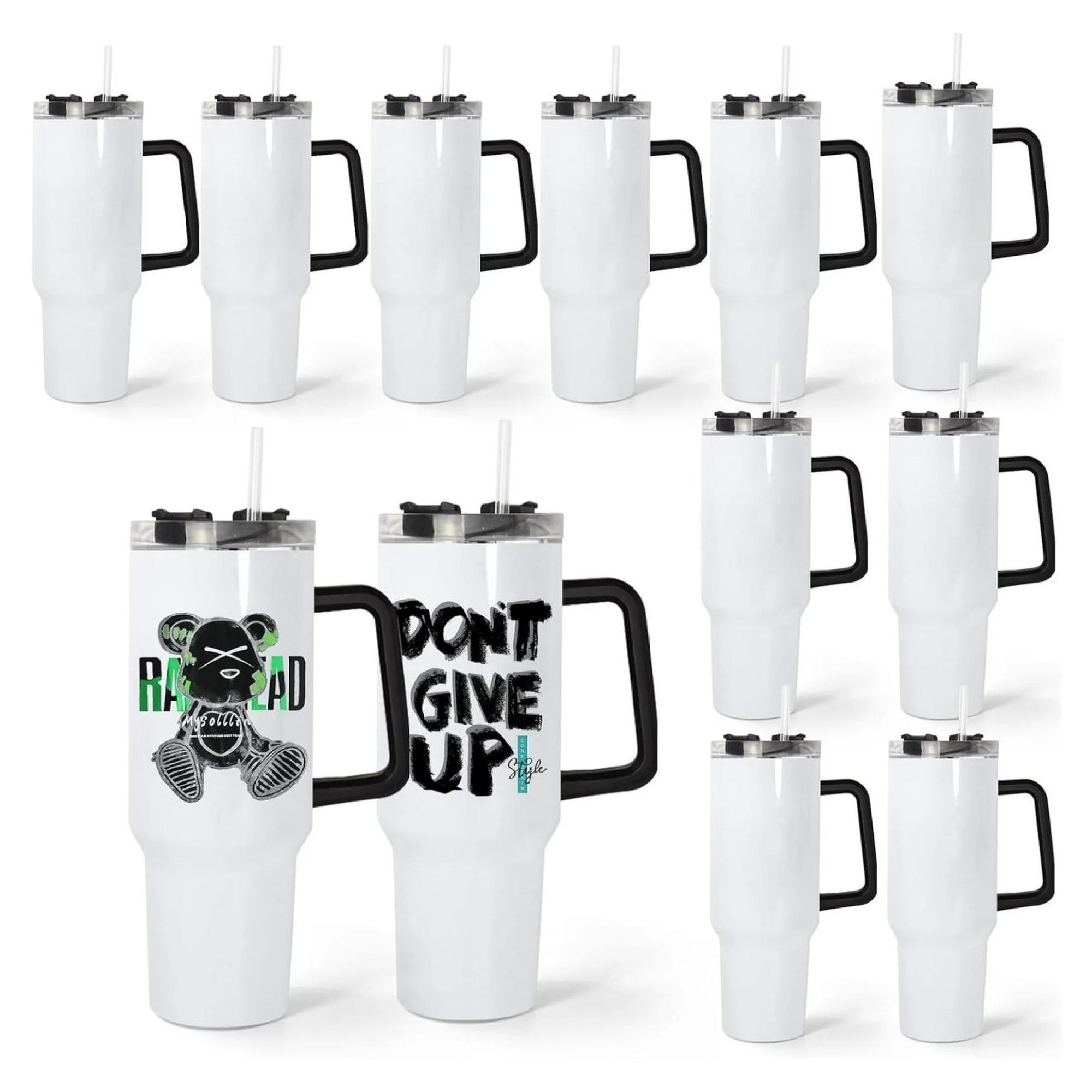ZHANGHU 40 oz Sublimation with Handle 12 Pack Sublimation Blanks Bulk Leak-proof Lid and Straw Insulated Stainless Steel Travel Mug Keeps Cold for 34 Hours (Black)