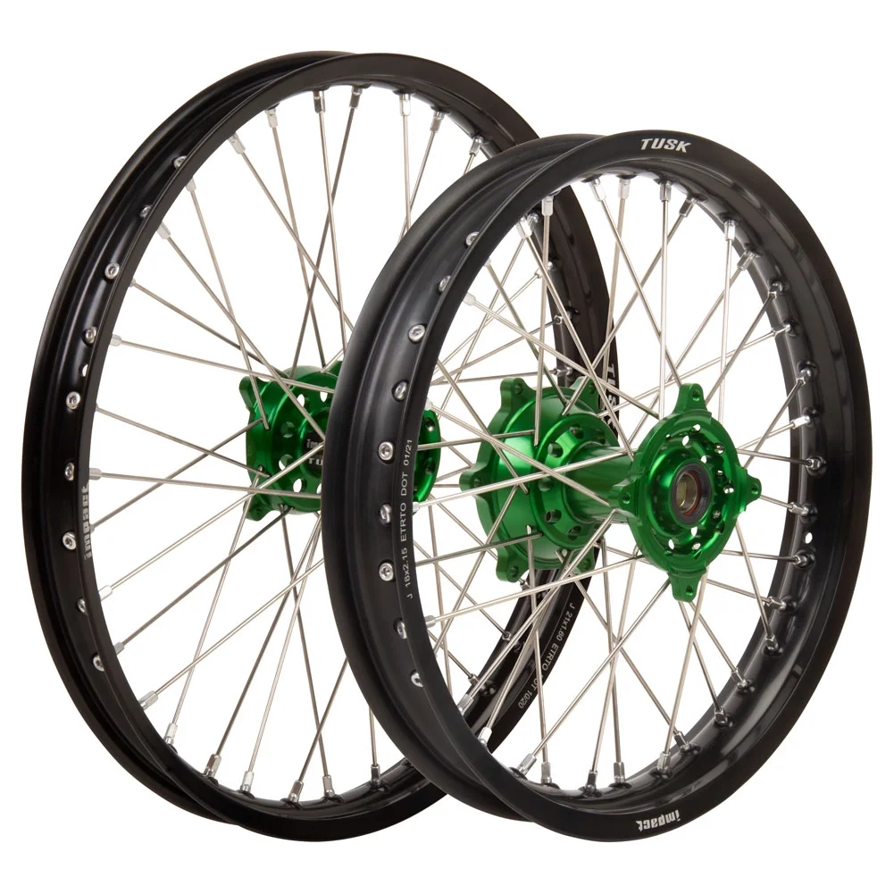 Tusk Impact Complete Front and Rear Wheel 1.60 x 21 / 2.15 x 18 Black Rim/Silver Spoke/Green Hub For Kawasaki KX125 2004-2005