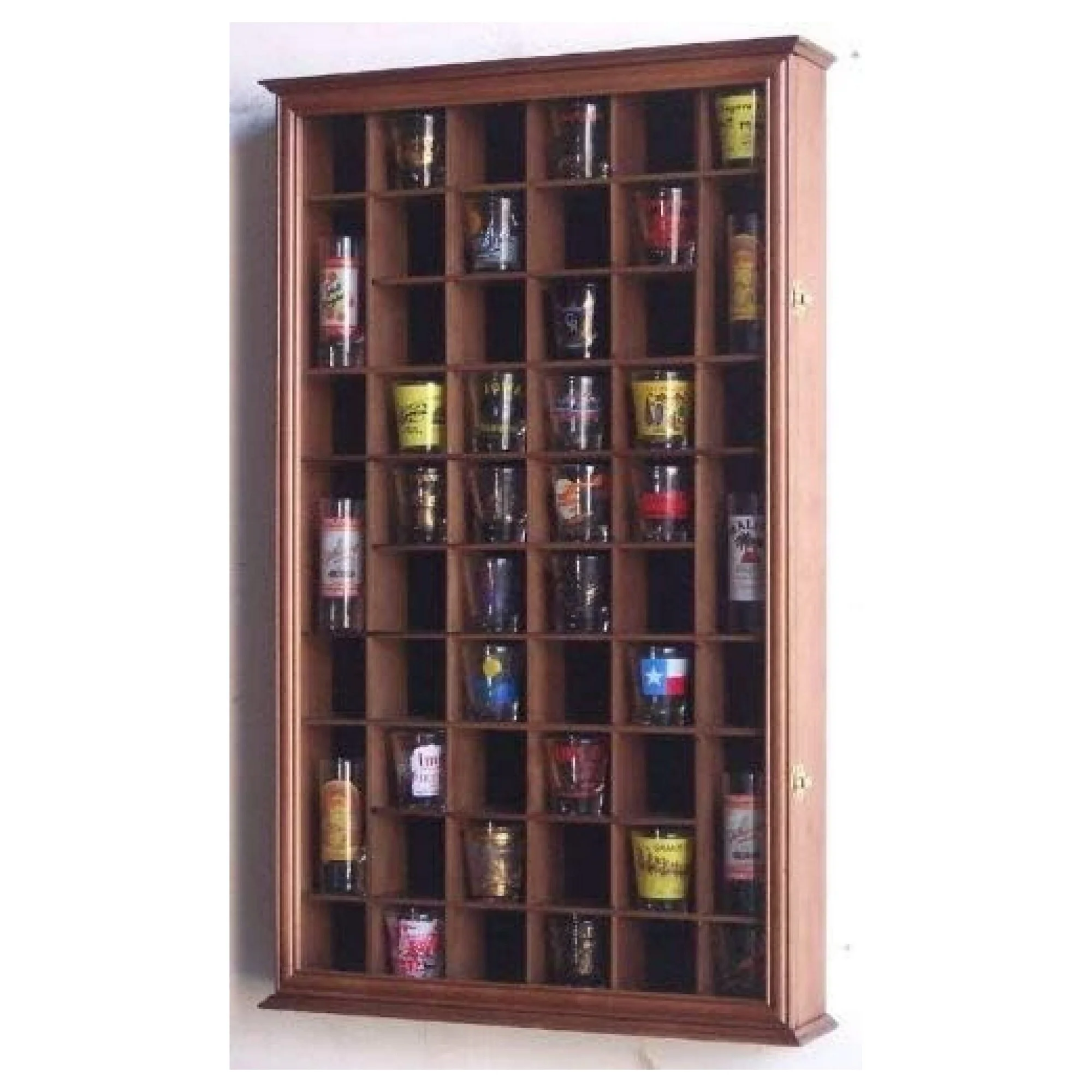 ZHANGHU 54 Shot Glass Shotglass Shooter Display Case Holder Cabinet Wall Rack w/UV Protection -Walnut