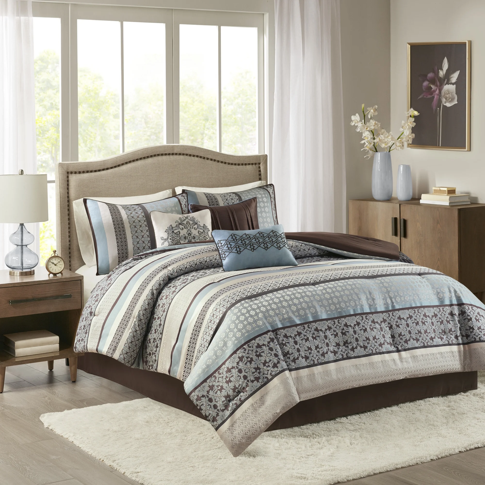 Home Essence Cambridge 7 Piece Jacquard Comforter Set, Blue, Cal King