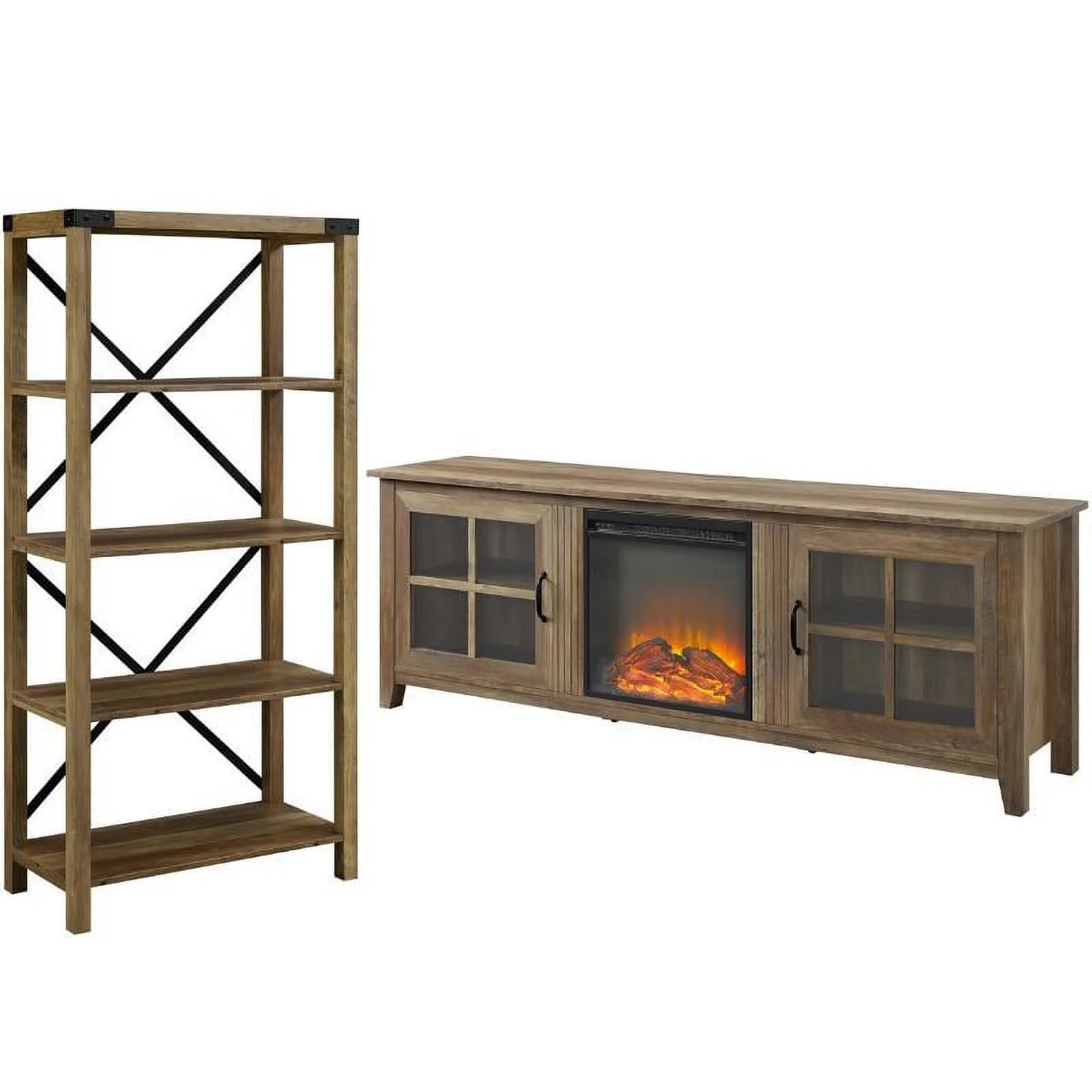 Home Square 2 Piece Set with Fireplace TV Stand and Bookcase in Rustic Oak