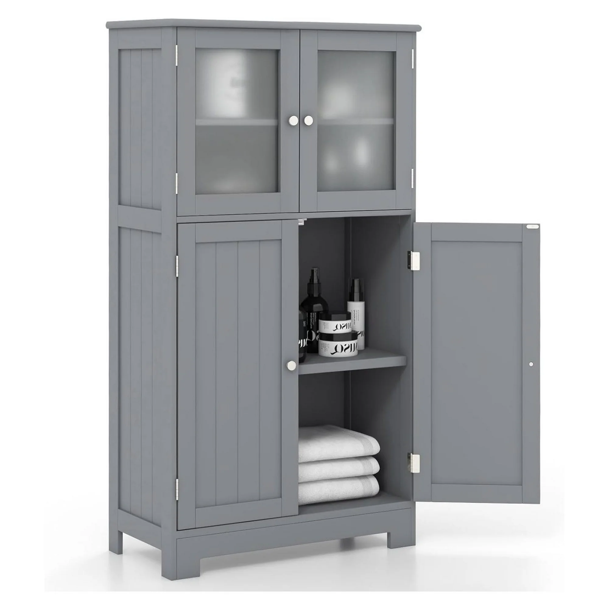 ZHANGHU Bathroom Storage Cabinet, Wooden Linen Storage Organizer Cupboard with Doors & Adjustable Shelf, Freestanding Floor Cabinet for Living Room, Kitchen, Entryway, Office (Grey)