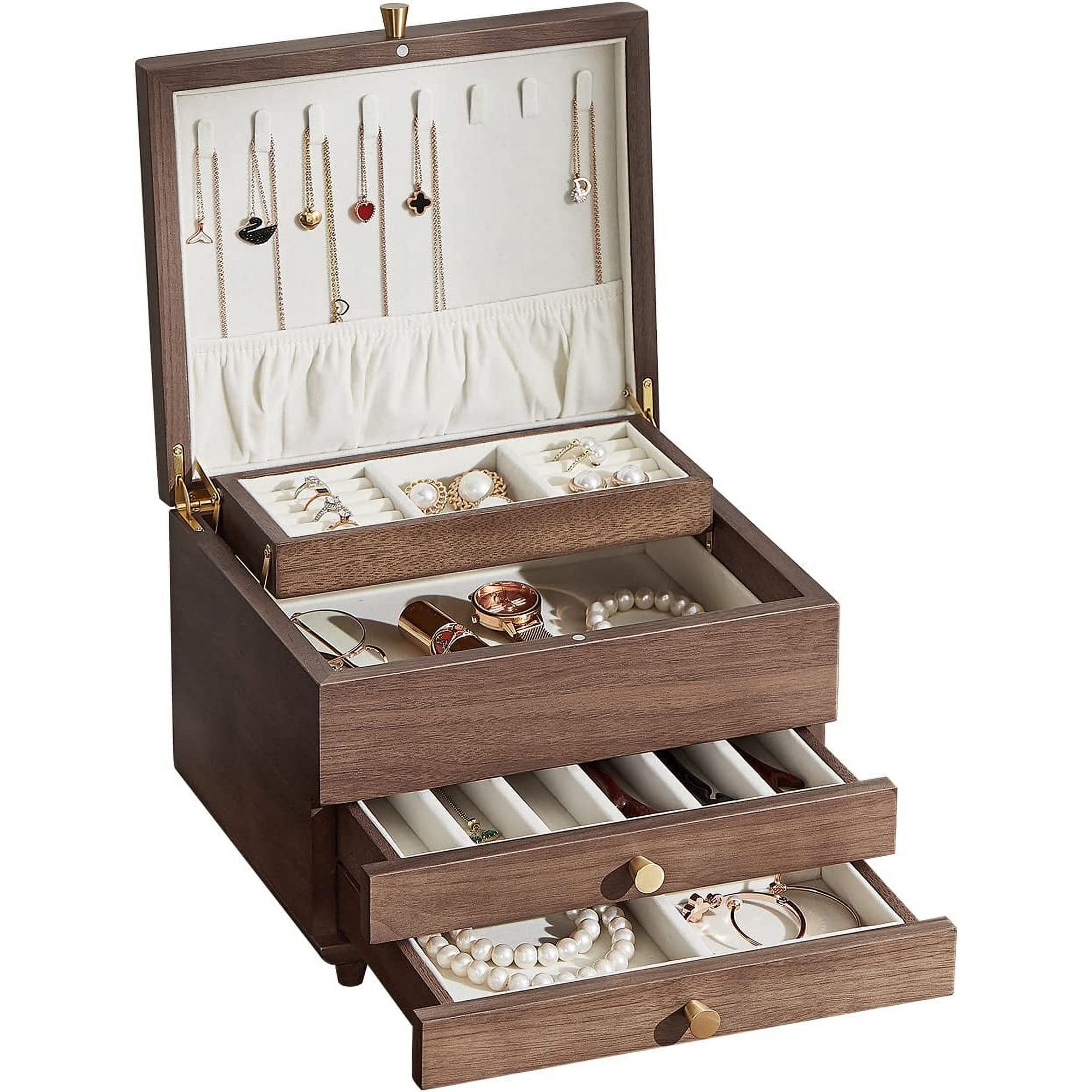 Wooden Jewelry Box, 3-Layer Large Jewelry Organizer for Women, Jewelry Storage, for Necklaces Rings Earring Watches Bracelets, Black Walnut Solid Wood, Birthday Gift