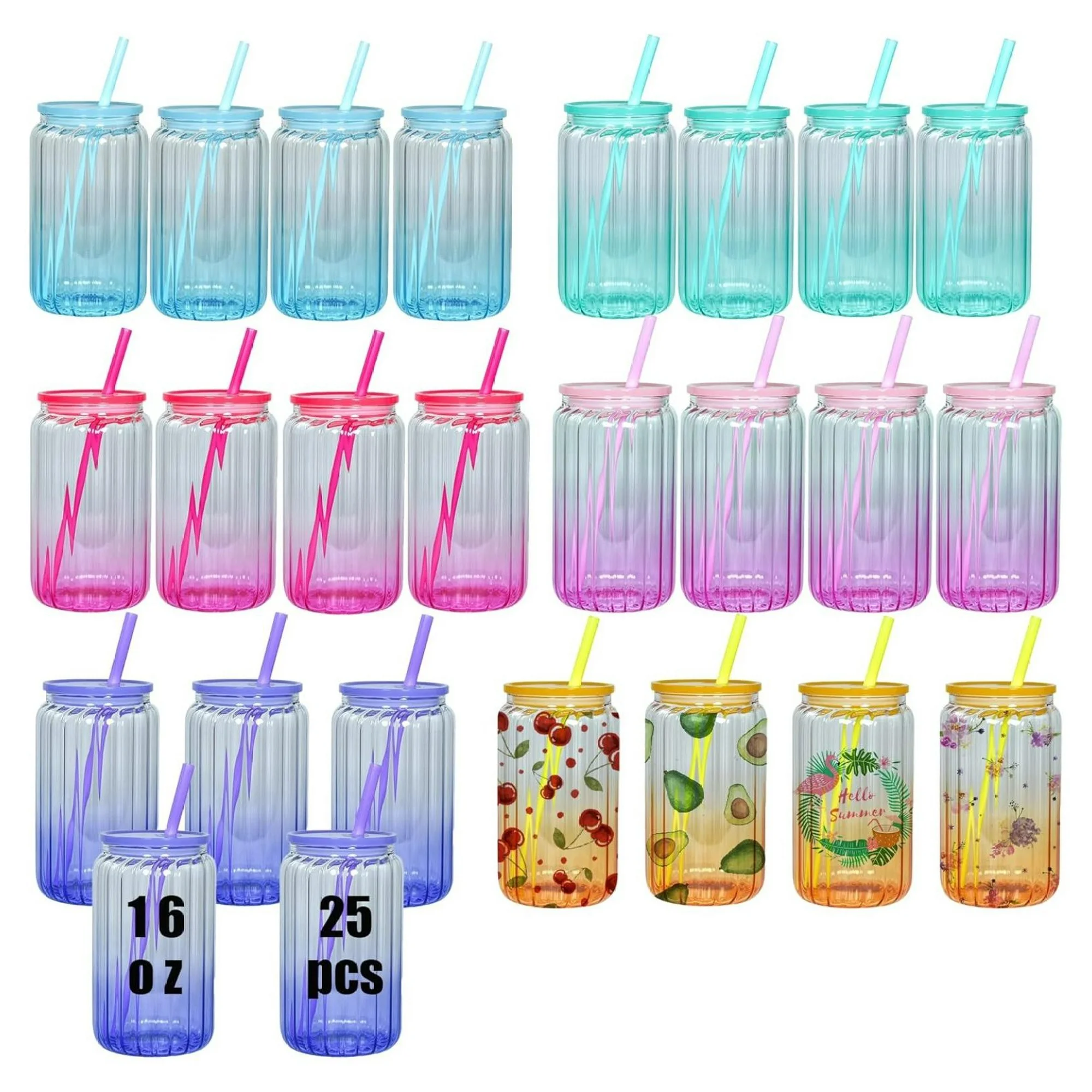 ZHANGHU 25 pack 16oz Clear Vertical Stripes Gradient Color Sublimation Glass Cans with Bamboo Lids and Straws,Can Shaped Transparent Sublimation Blanks for Iced Coffee Juice Soda Drinks