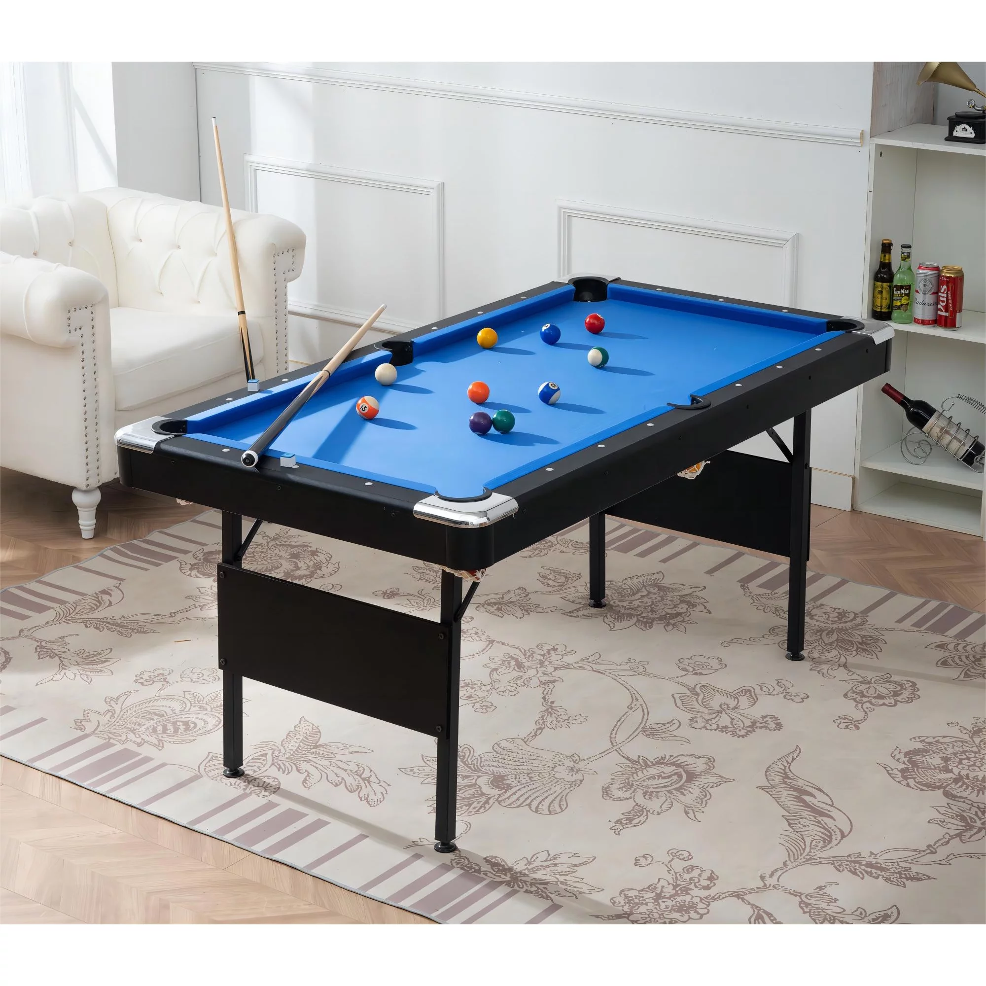 5.5 FT Billiards Table,Portable Pool Table, Includes Full Set of Balls, 2 Cue Sticks, Chalk, and Felt Brush,Folding Pool Table,Simple Assembly Needed,Family Movement