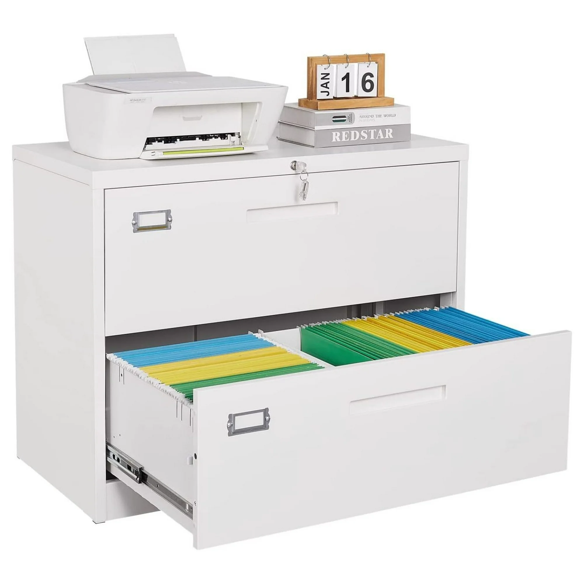 ZHANGHU 2 Drawer Lateral File Cabinet Metal Filing Storage Cabinet with Lock Wide File Cabinet Metal Printer Stand Home Office Locking Horizontal Drawers File Cabinets for Legal/Letter / A4 / F4 Size