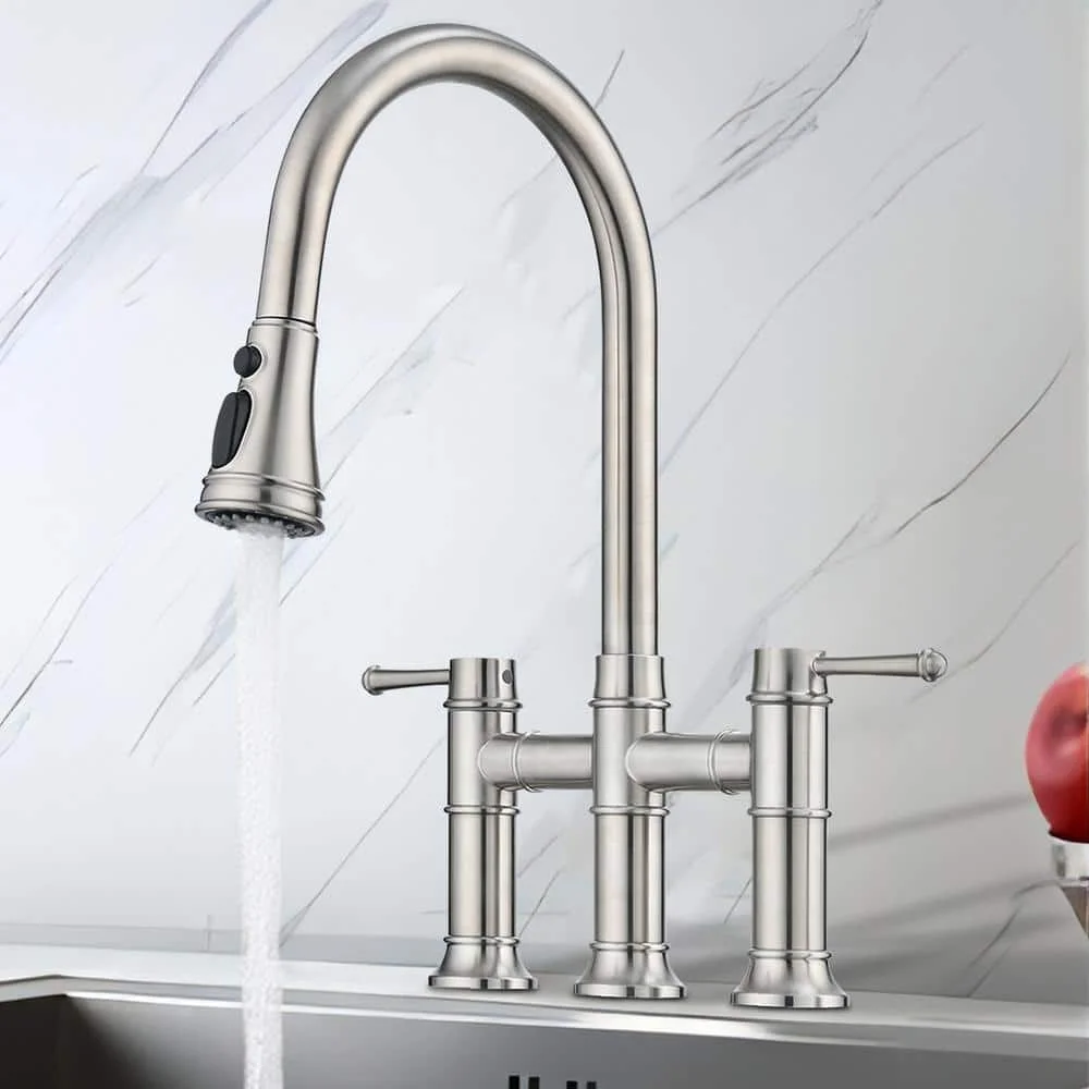 UPIKER Double-Handle 360-Degree Swivel Spout Bridge Kitchen Faucet with Pull-Down Spray Head and 3 Modes in Brushed Nickel