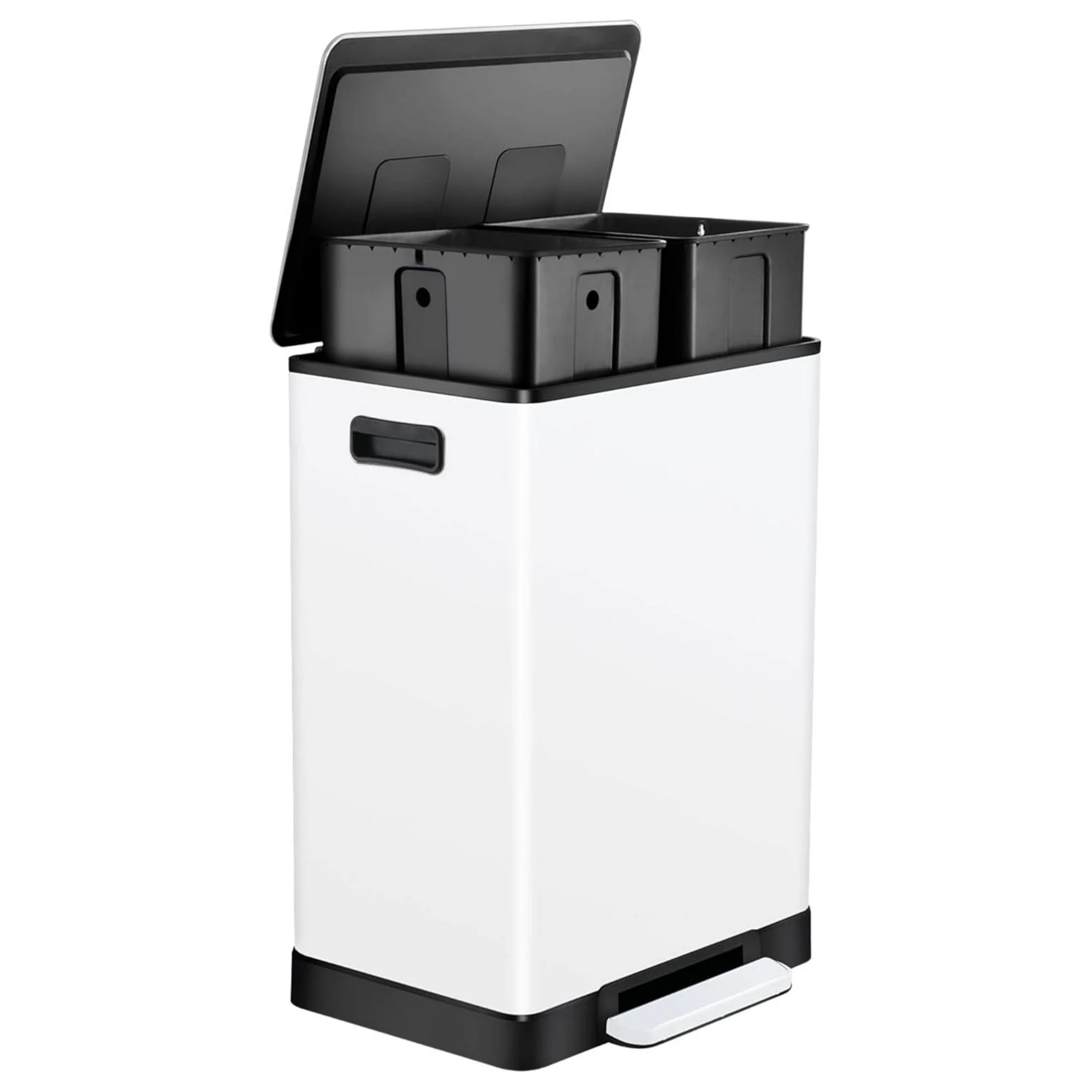 WDNMD9418 White Stainless Steel Step Trash Can - 16 Gallon Garbage Bin with Soft Close Lid - Dual Compartment Waste Can with 30 Liters Capacity in Each - Recycling Bin