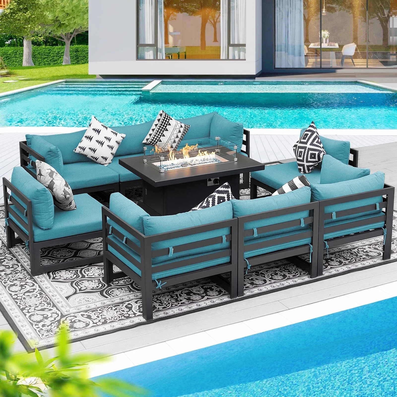 NICESOUL 9 Pieces Aluminum Outdoor Patio Sectional Furniture Sofa Set with Fire Pit Table Large Size Luxury Comfortable Durable Water/UV-Resistant Garden Porch Backyard Party (Teal Blue Cushion)
