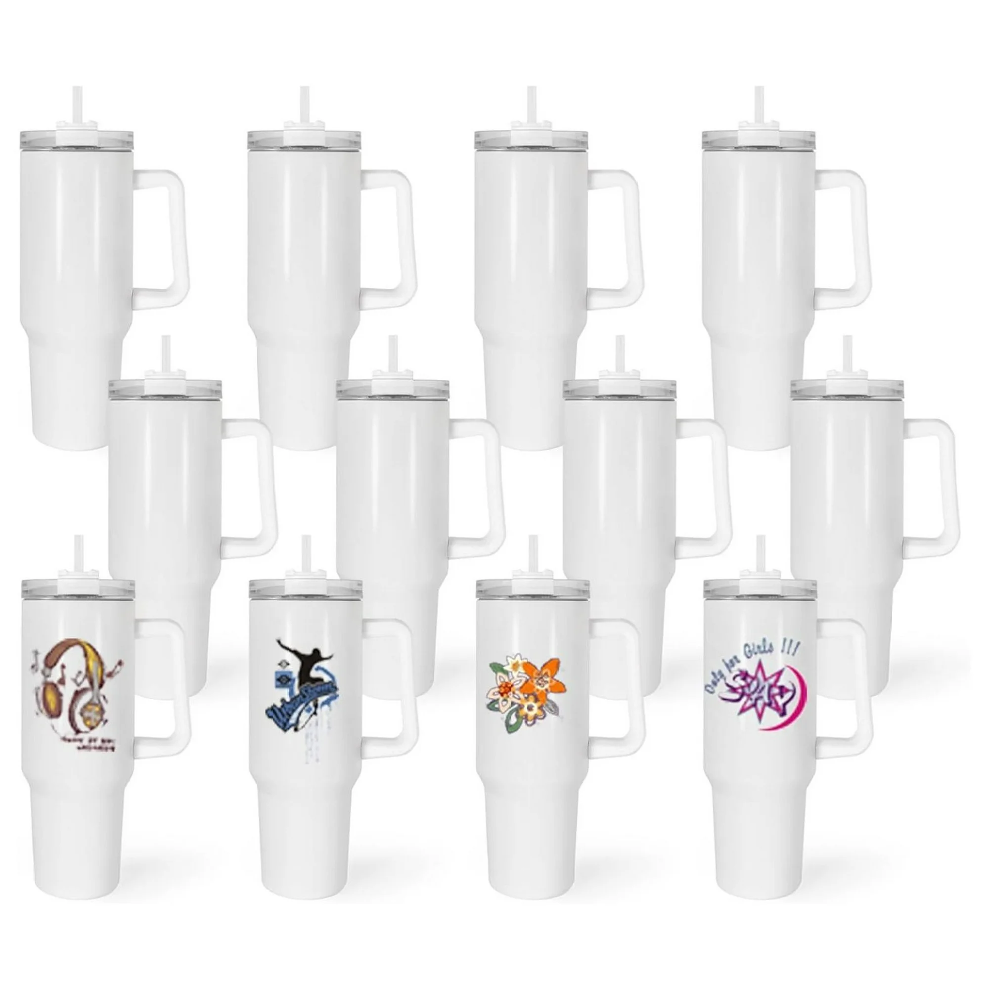 ZHANGHU 40 oz Sublimation with Handle and Straw,12 Pack Reusable Insulated Travel Mugs with Leak Proof Lids and Stainless Steel Straws,White