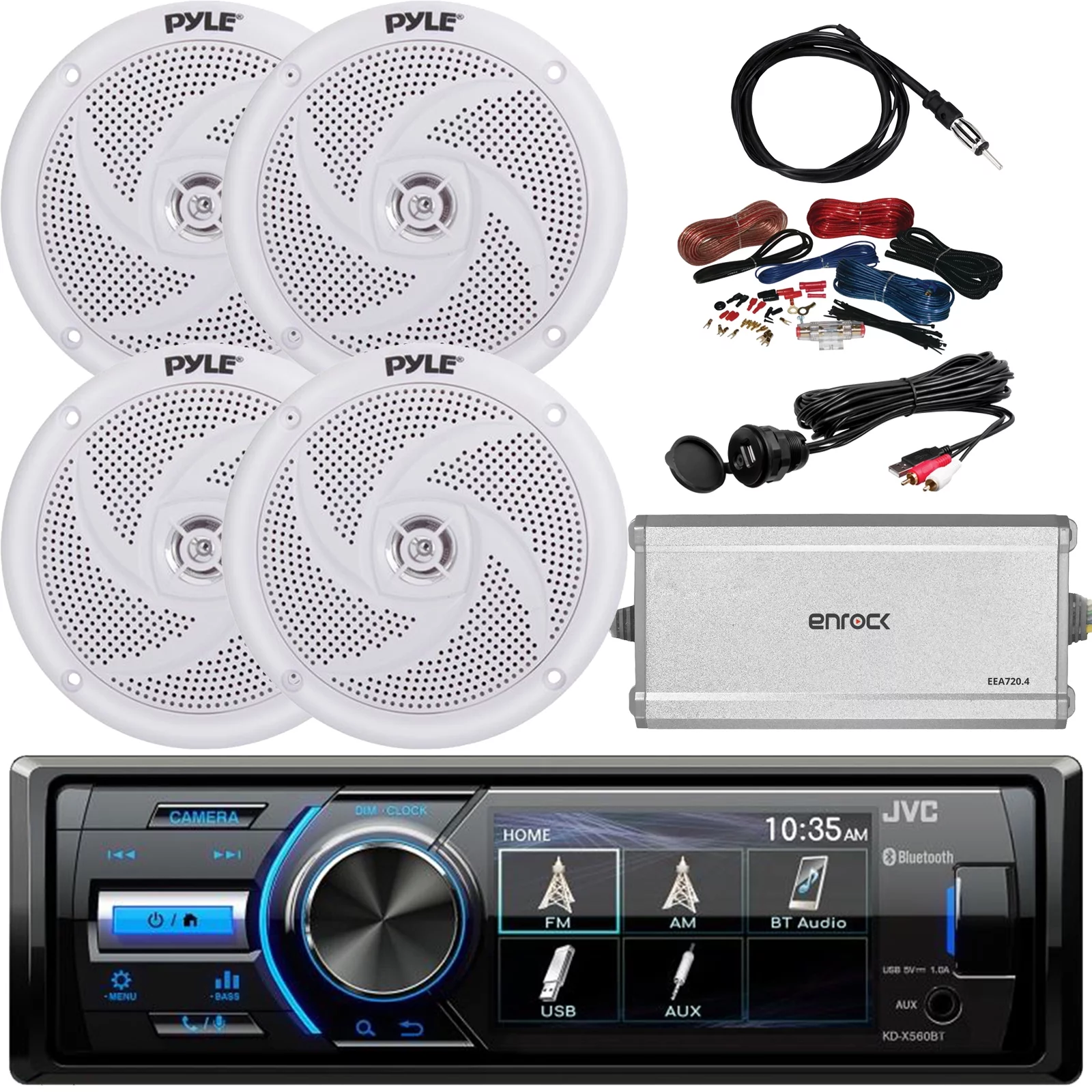 Pyle PLMR77U Marine Stereo, 4x 8 480W Black Tower LED Speakers, Antenna,Wire