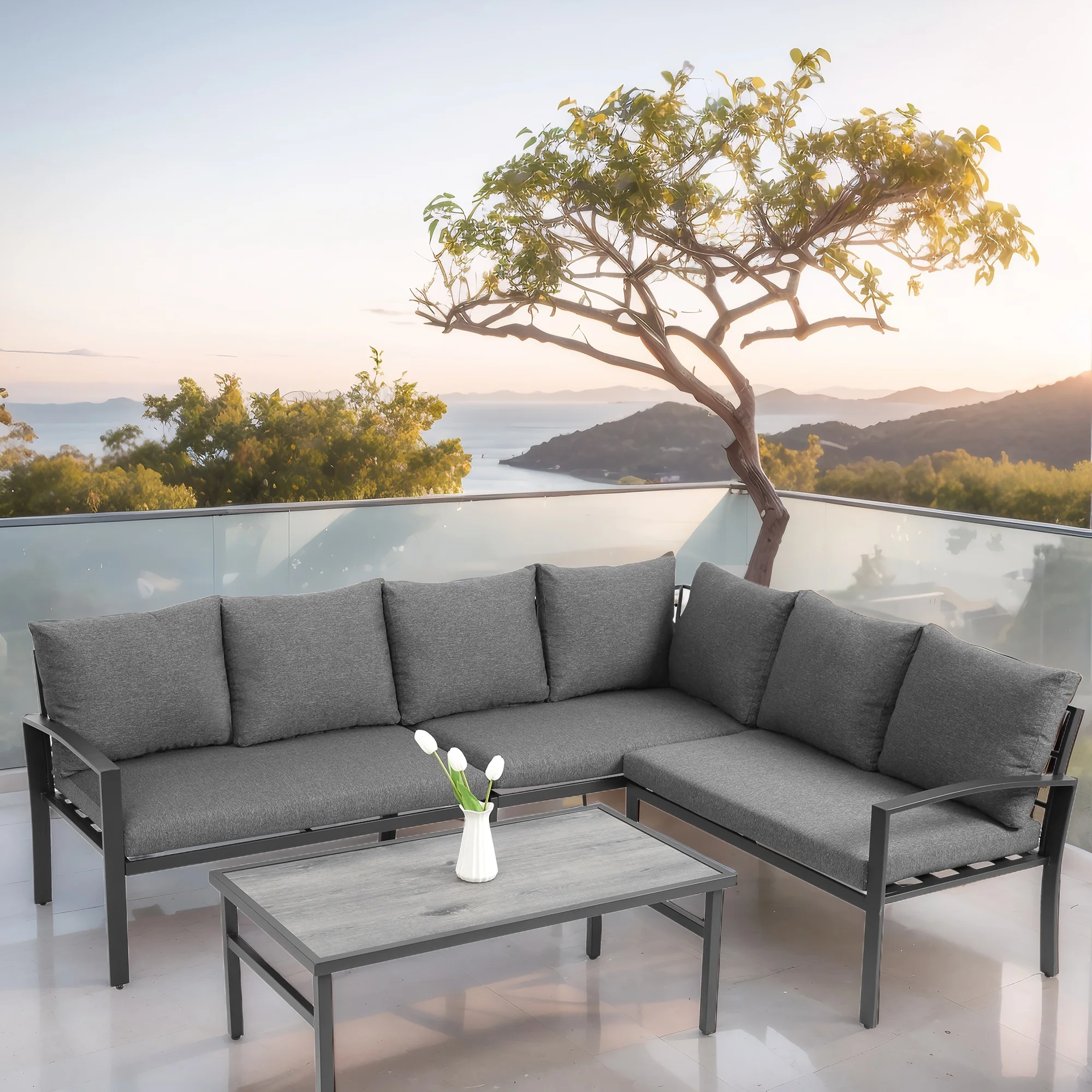 Homefun 6-Piece Outdoor Patio Furniture Set Patio Couch with Side Table Stylish Sectional Sofa with Thick Cushions and Customizable Layout for Garden, Poolside, and Lawn,Gray