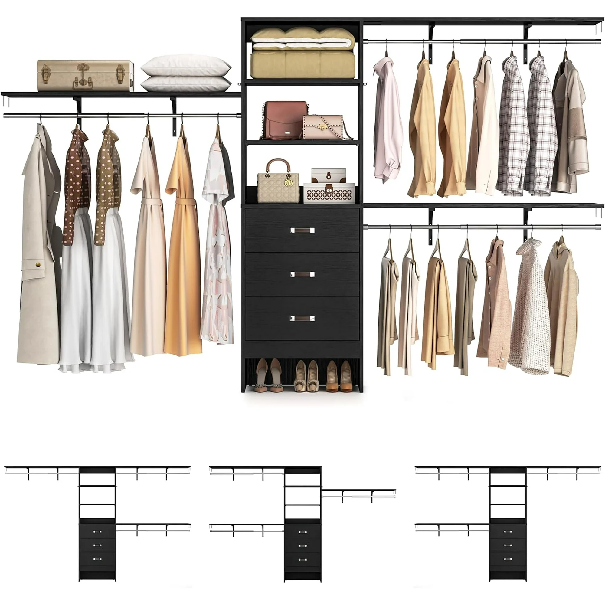 Homieasy 120 Inches Closet System, 10FT Walk In Closet Organizer with 3 Shelving Towers, Heavy Duty Clothes Rack with 3 Drawers, Built-In Garment Rack, Black