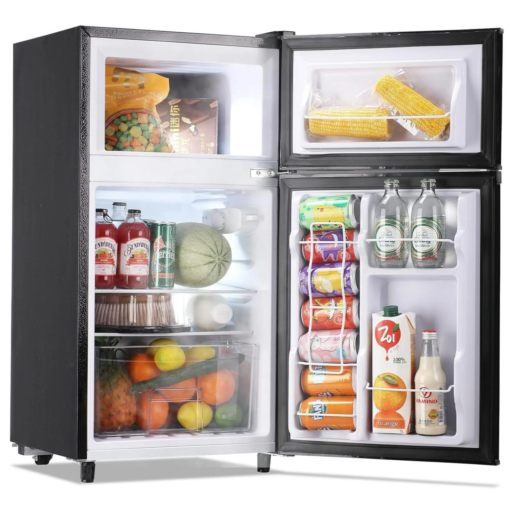WDNMD9418 Mini Fridge with Freezer Two Doors Small Refrigerator with 7 Setting Adjustable Thermostat Crisper Drawer & Removable Shelves Extra Drink Space Low Noise Freezer-on-Top Refrigerator, Black