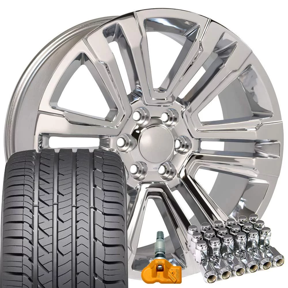 OE Wheels 22 inch Chrome 5822 Rims & Goodyear Tires Set Direct Fit GM Trucks & Suv's Denali Style