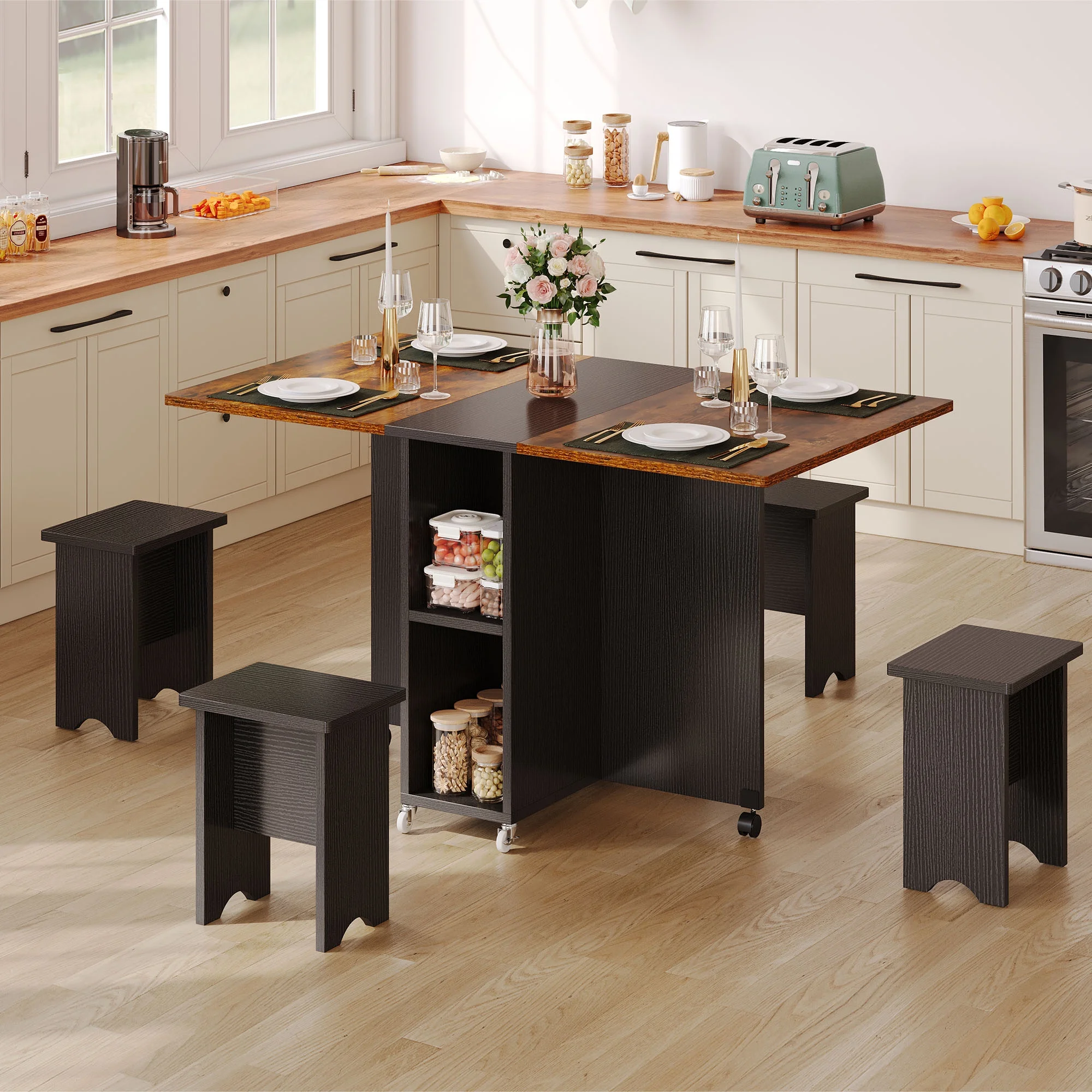 Uforic 5 Pieces Folding Dining Table Set with 4 chairs, 55'' Drop Leaf Table Set with Storage Racks & Wheels，Multifunction Table Extension Dinner Table Set for 4 Peoples for Small Space, Brown