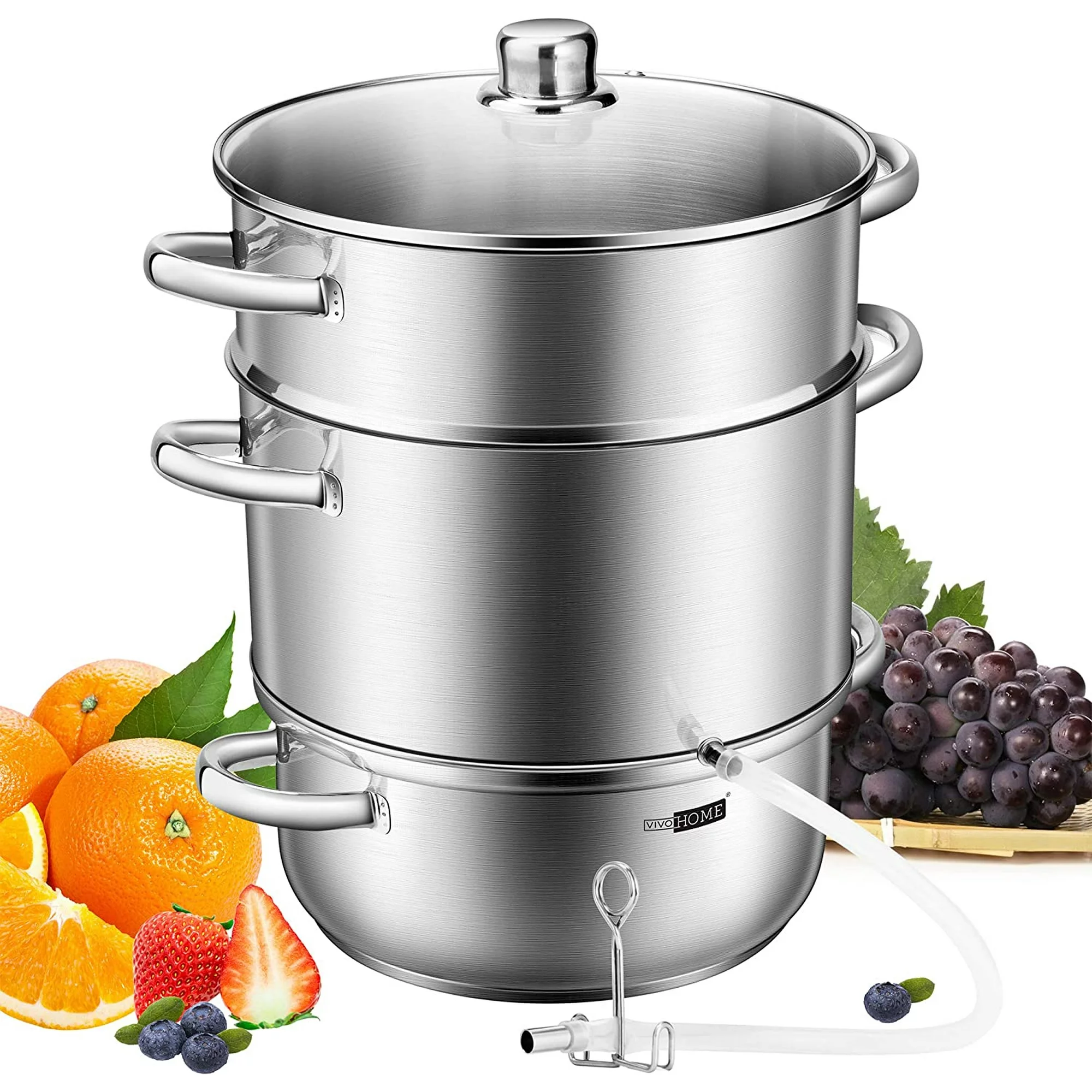 VIVOHOME Stainless Steel Juice Steamer Extractor Fruit Vegetables Juicer Steamer Pot 24cm 8.5Qt with Tempered Glass Lid, Hose, Clamp, Loop Handles