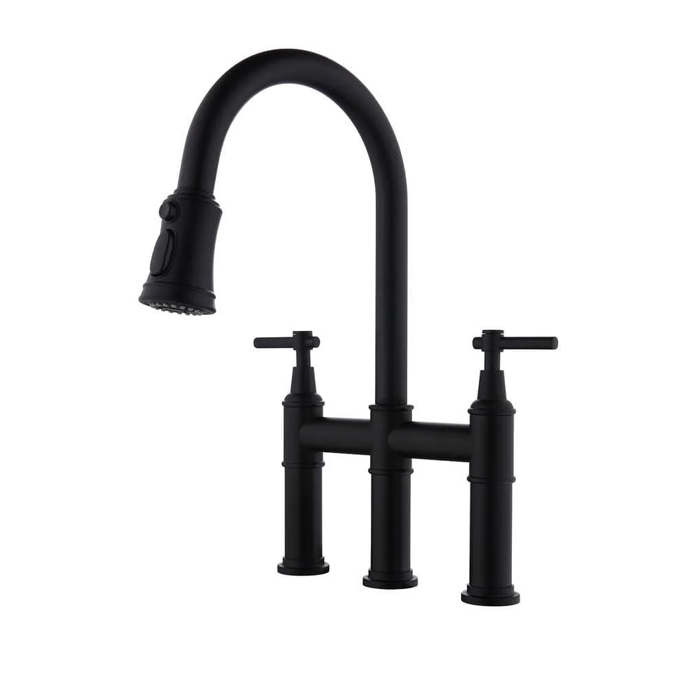 UPIKER Double Handle 360Swivel Spout Bridge Kitchen Faucet with Pull-Down Spray Head and 3-Modes in Matte Black