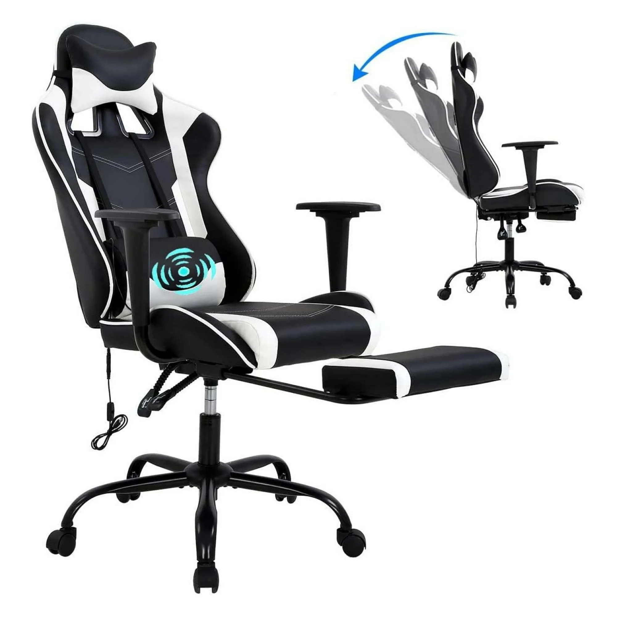 White Computer Swivel Gaming Chair Video Game Chair PU Leather Executive Chair High Back Gaming Office Chair with Lumbar Support, Adjustable Armrest Headrest Footrest for Boys,Girls