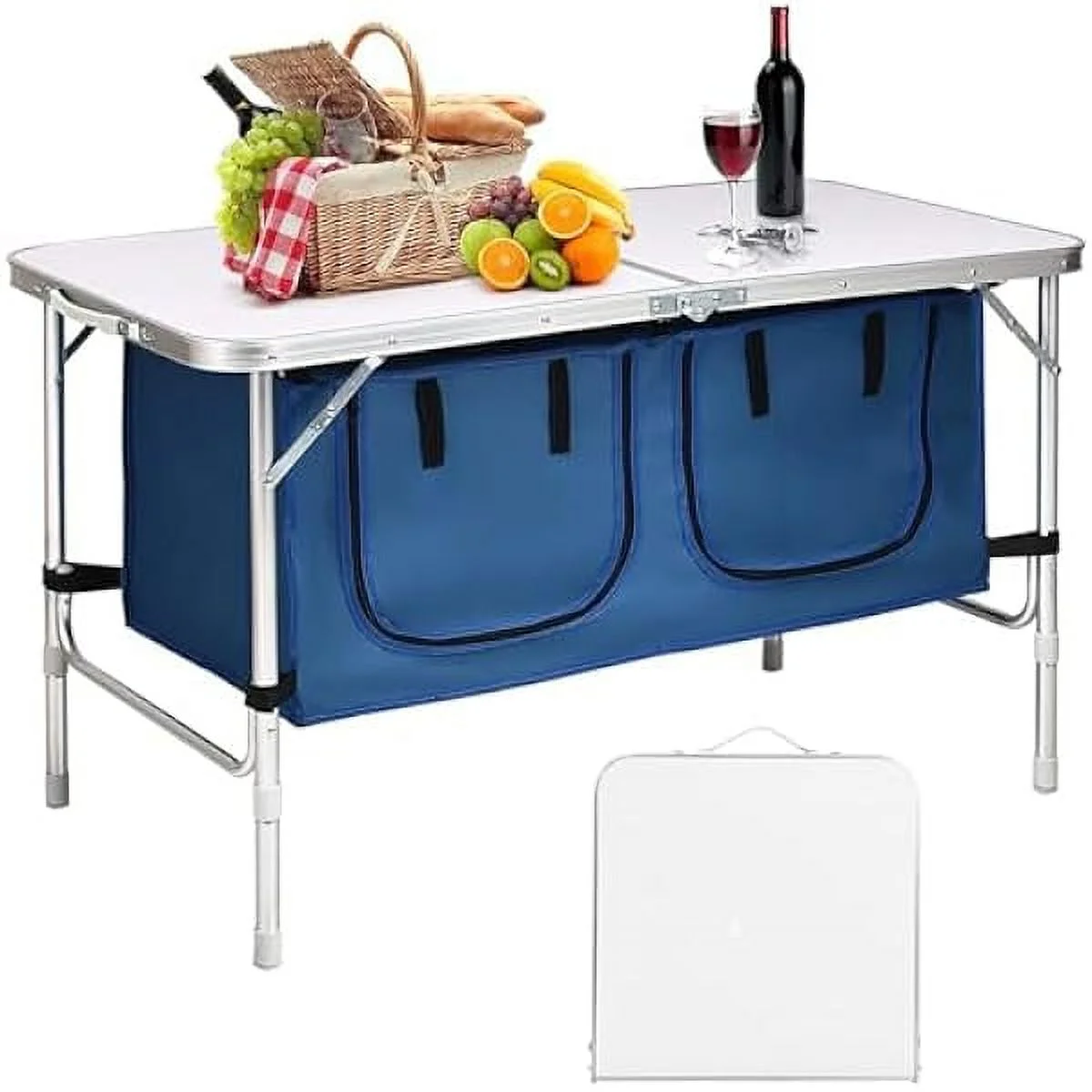 ZHANGHU Folding Camping Table with Storage, Portable Aluminum Folding Table Height Adjustable, Lightweight Camp Kitchen Table for Picnic BBQ Beach Backyard (Blue)