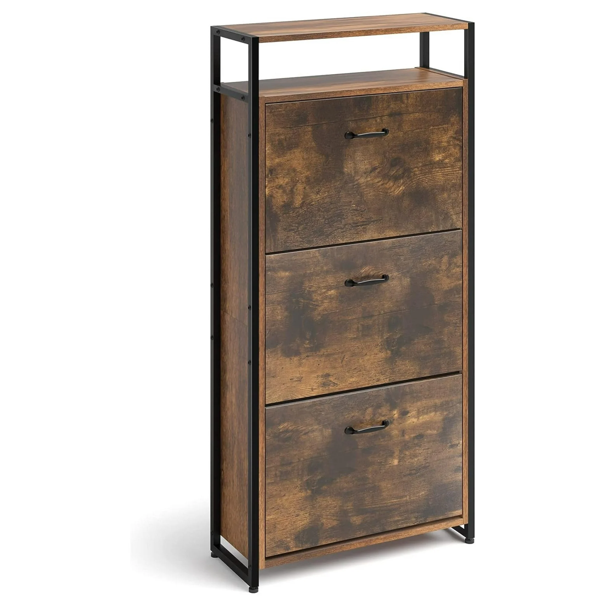 ZHANGHU 3 Drawer Industrial Shoe Cabinet, Slim Freestanding Wood Shoe Rack Storage Organizer Stand with Doors, Open Storage Shelf, Anti Toppling for 15-18 Pairs (Rustic Brown, Medium)