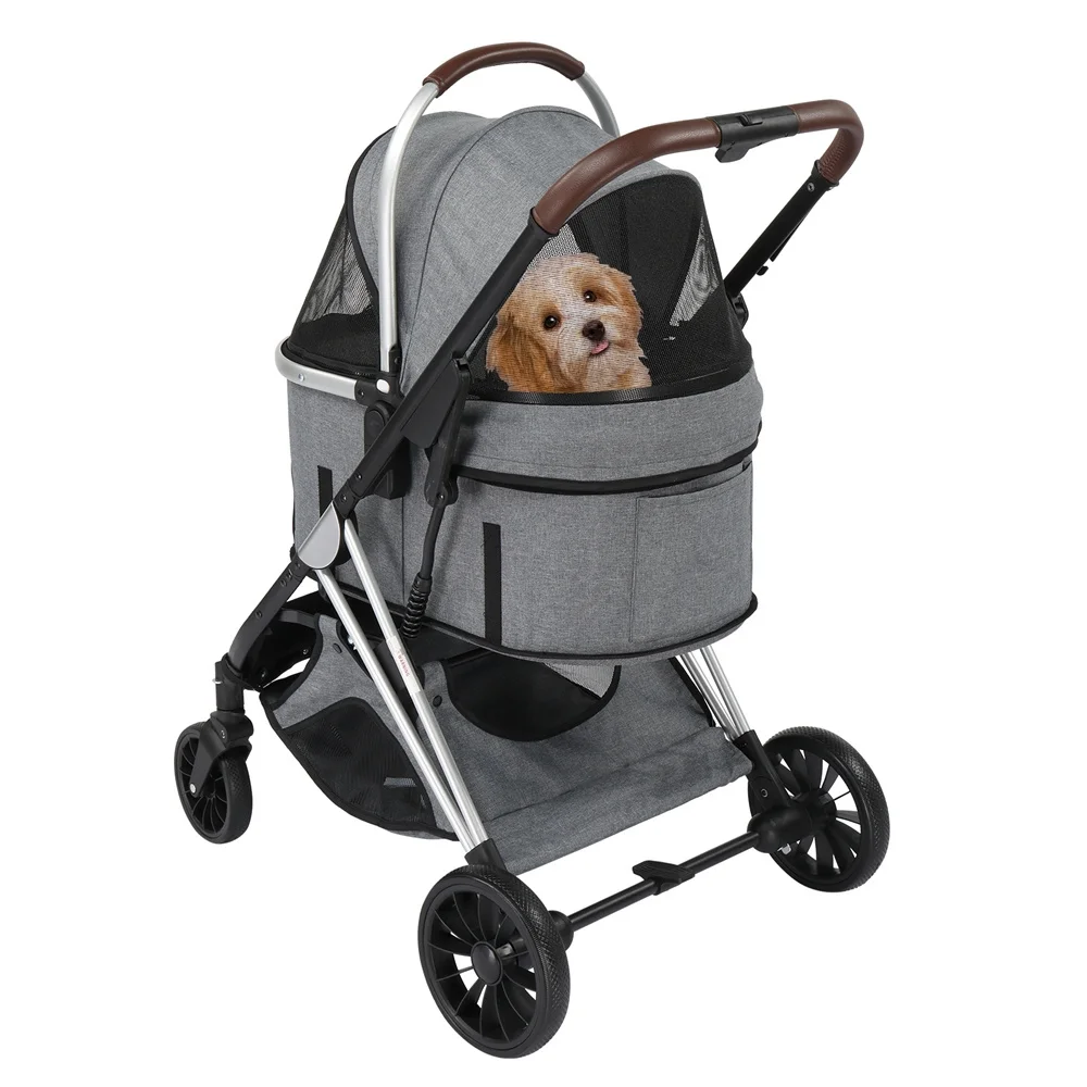 Tcbosik 3 in 1 Pet Stroller, Folding Dog Stroller with Detachable Carrier & Storage Basket, Lightweight Travel Stroller with 4 Wheels for Puppies Doggies Kitties, Grey