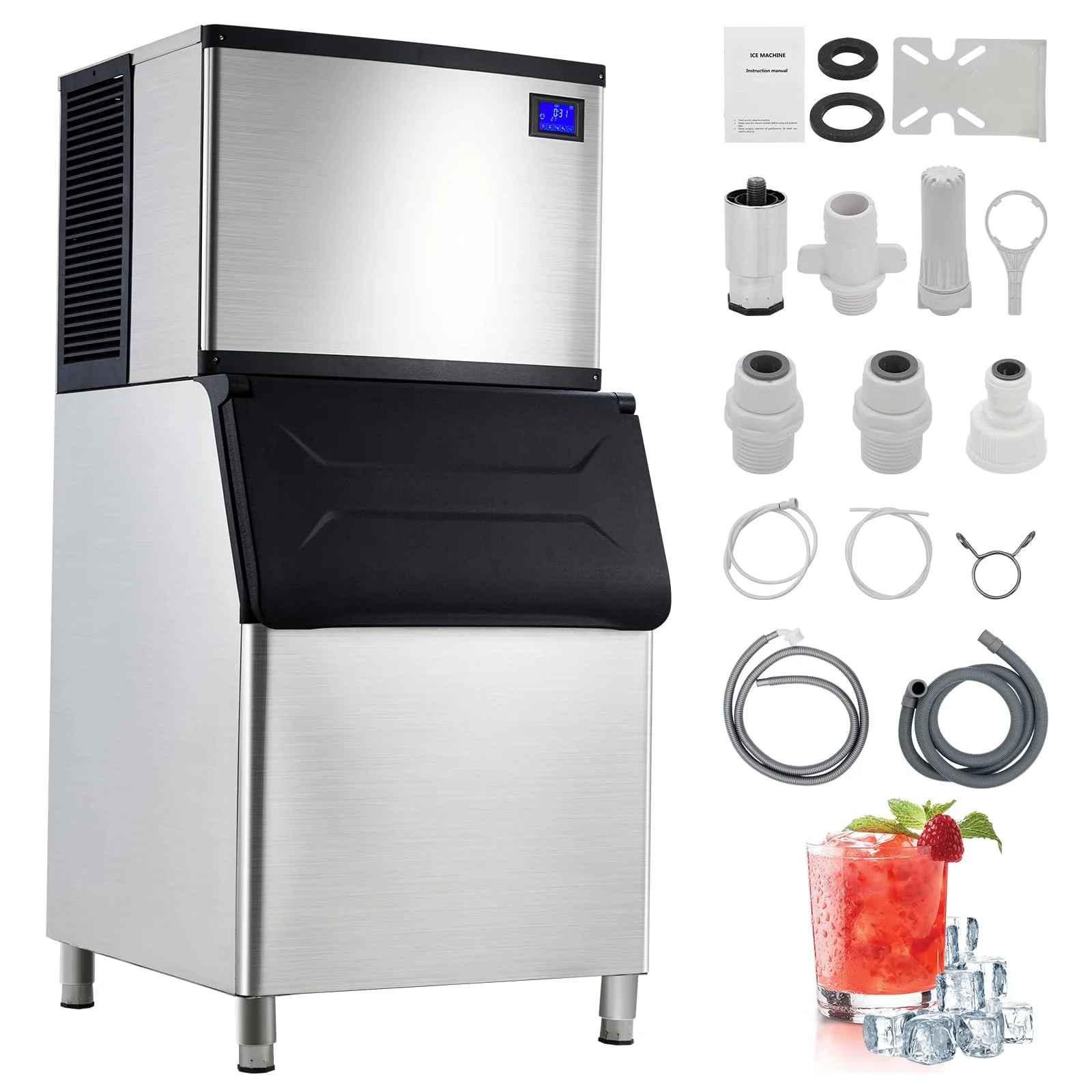 Homhougo Commercial Ice Maker Machine, 500Lbs/24h Air Cooled Industrial Ice Machine with 500lbs Storage Bin, Ice Cube Maker Machine for Coffee Shop, Business Restaurant