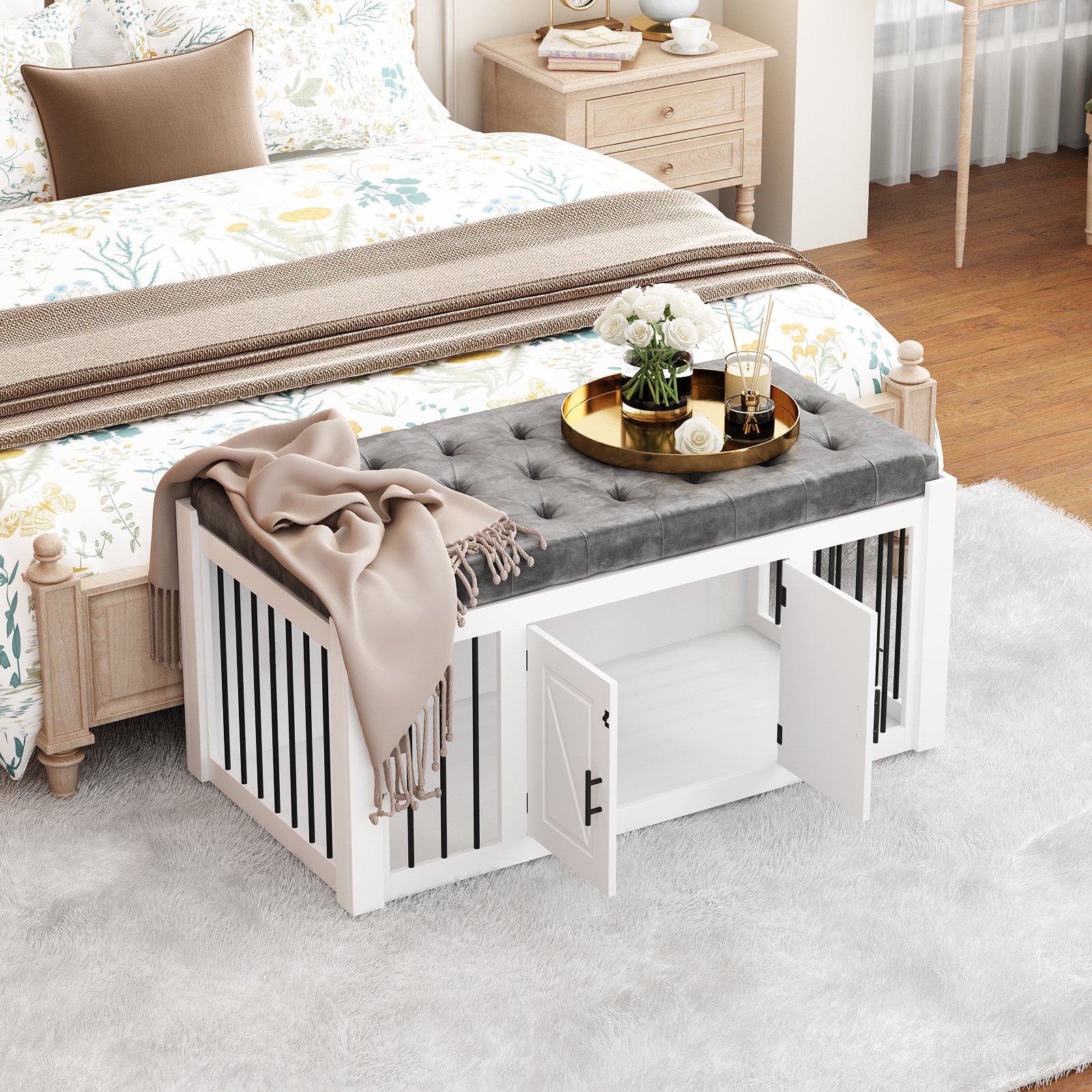 Picture of NARTRU Dog Crate Furniture with Bench, Wooden Dog Kennel for Entrance ...