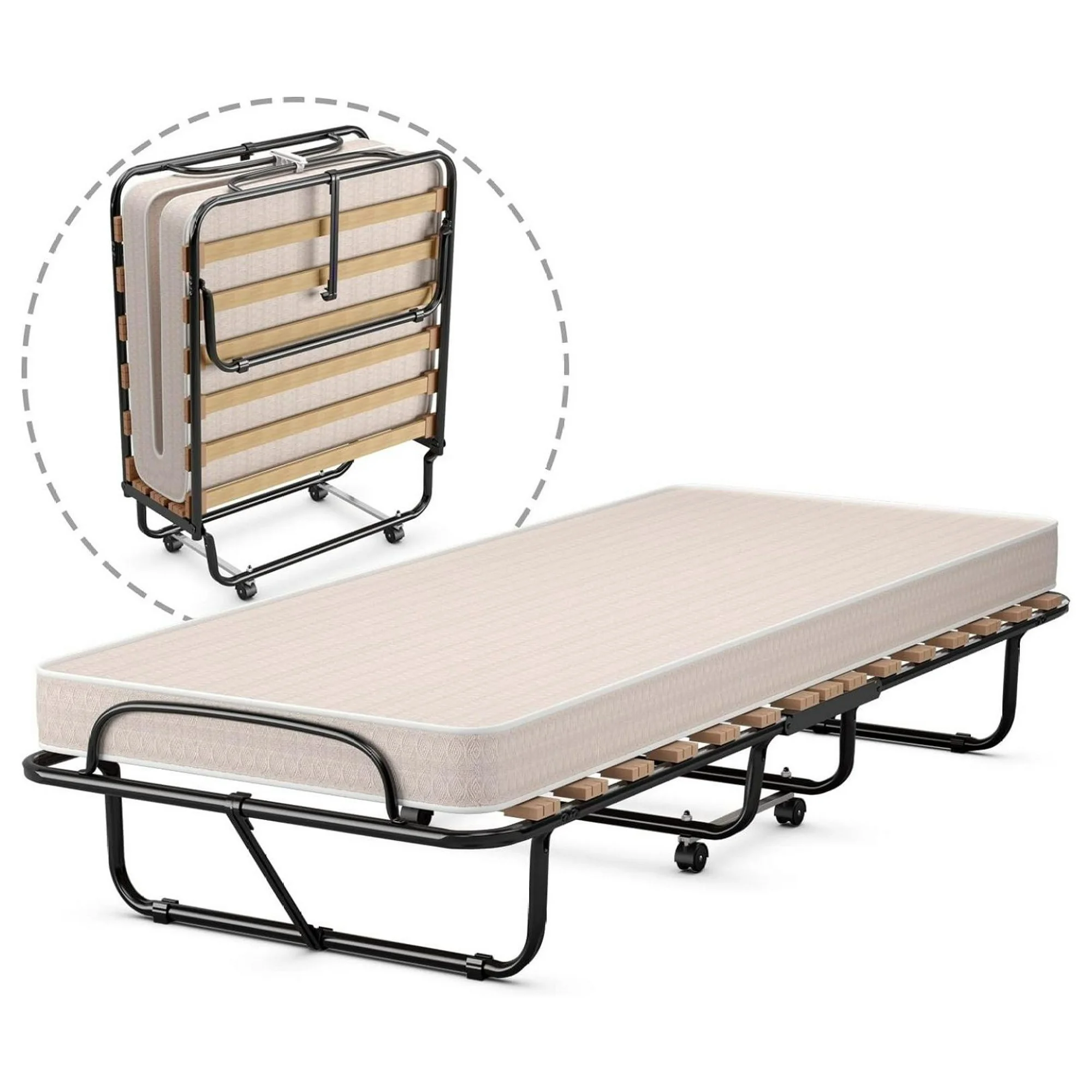 ZHANGHU Folding Bed with Memory Foam Mattress Fold Out Cot Size Rollaway Guest Bed with Sturdy Metal Wood Frame, 75 x 31.5 Inch