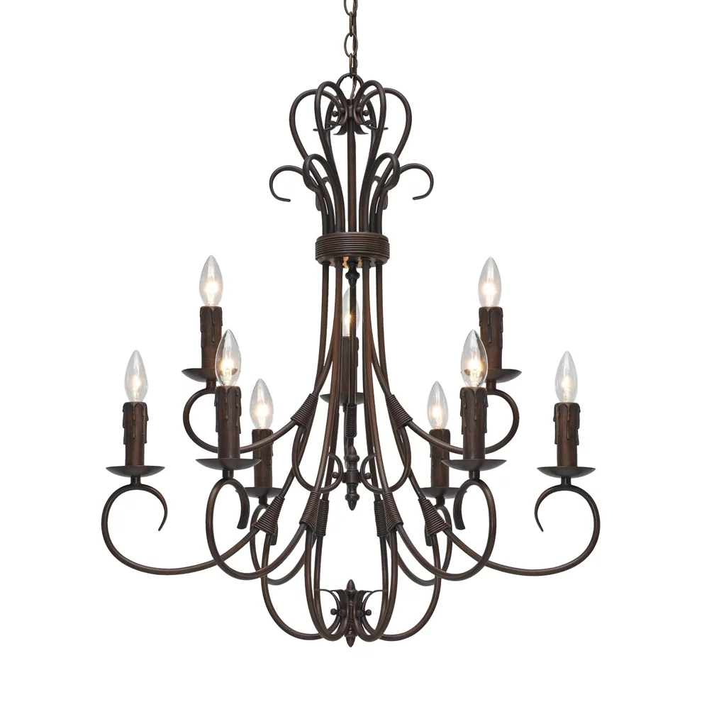 Homestead 9 Light Chandelier in Rubbed Bronze with Drip Candlesticks