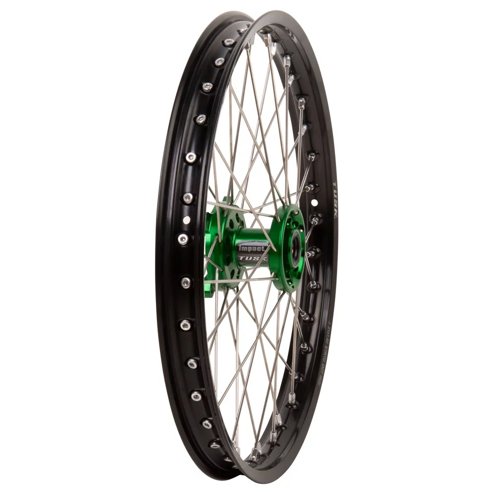 Tusk Impact Complete Wheel - Front 21 x 1.60 Black Rim/Silver Spoke/Green Hub For Kawasaki KX250 2004-2007,2019-2023