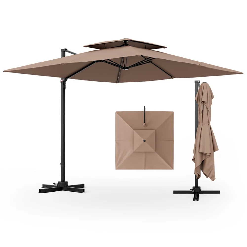 Topcobe 9.5 Feet Cantilever Patio Umbrella with 360 Rotation and Double Top, Table Umbrella Outdoor for Patio Pool Beach, Coffee