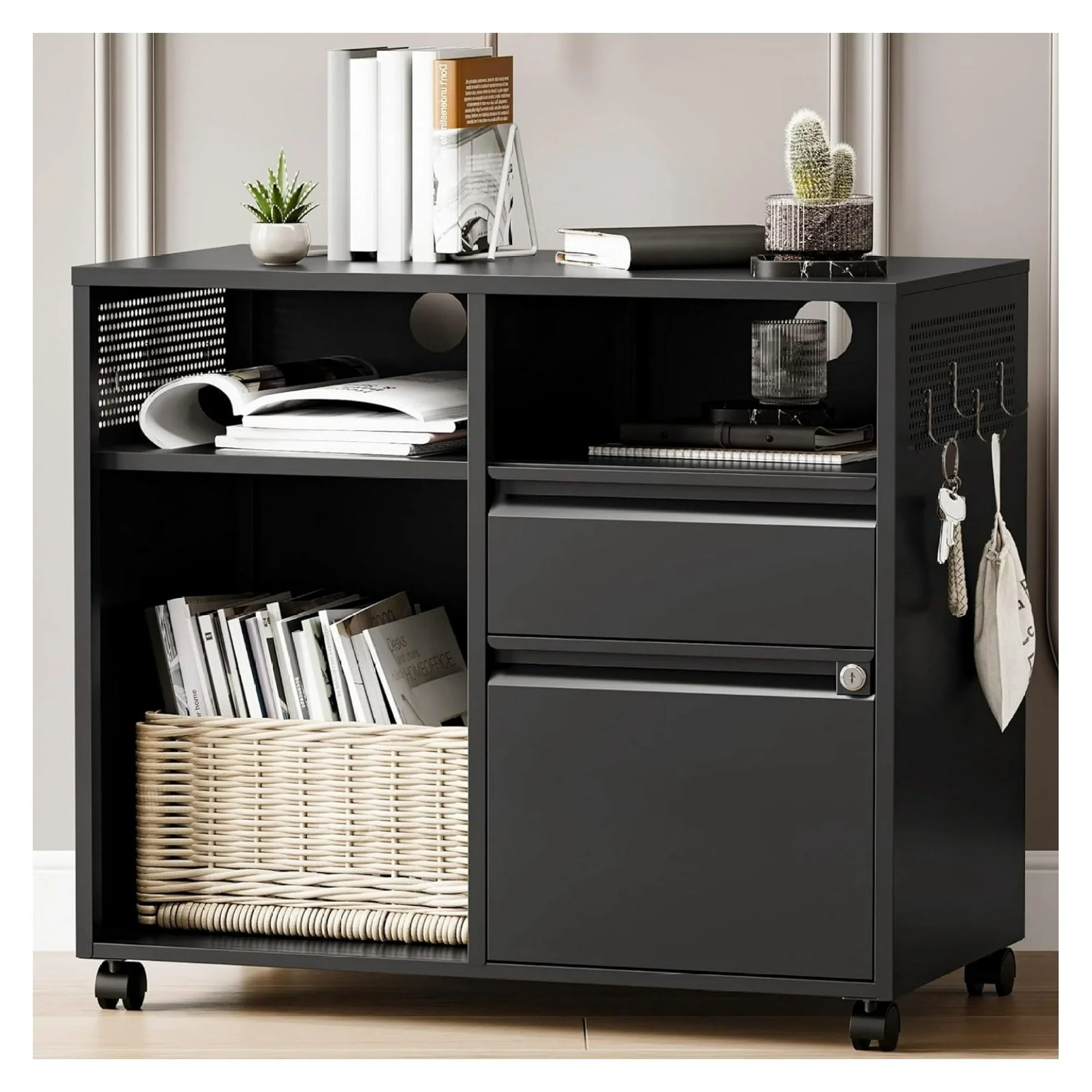 ZHANGHU 2 Right Drawers File Cabinet with Lock, Mobile Lateral Filing Cabinet for Legal/Letter A4 Size, Metal File Organizer Storage Cabinet with Open Storage Shelves for Home Office (Black)