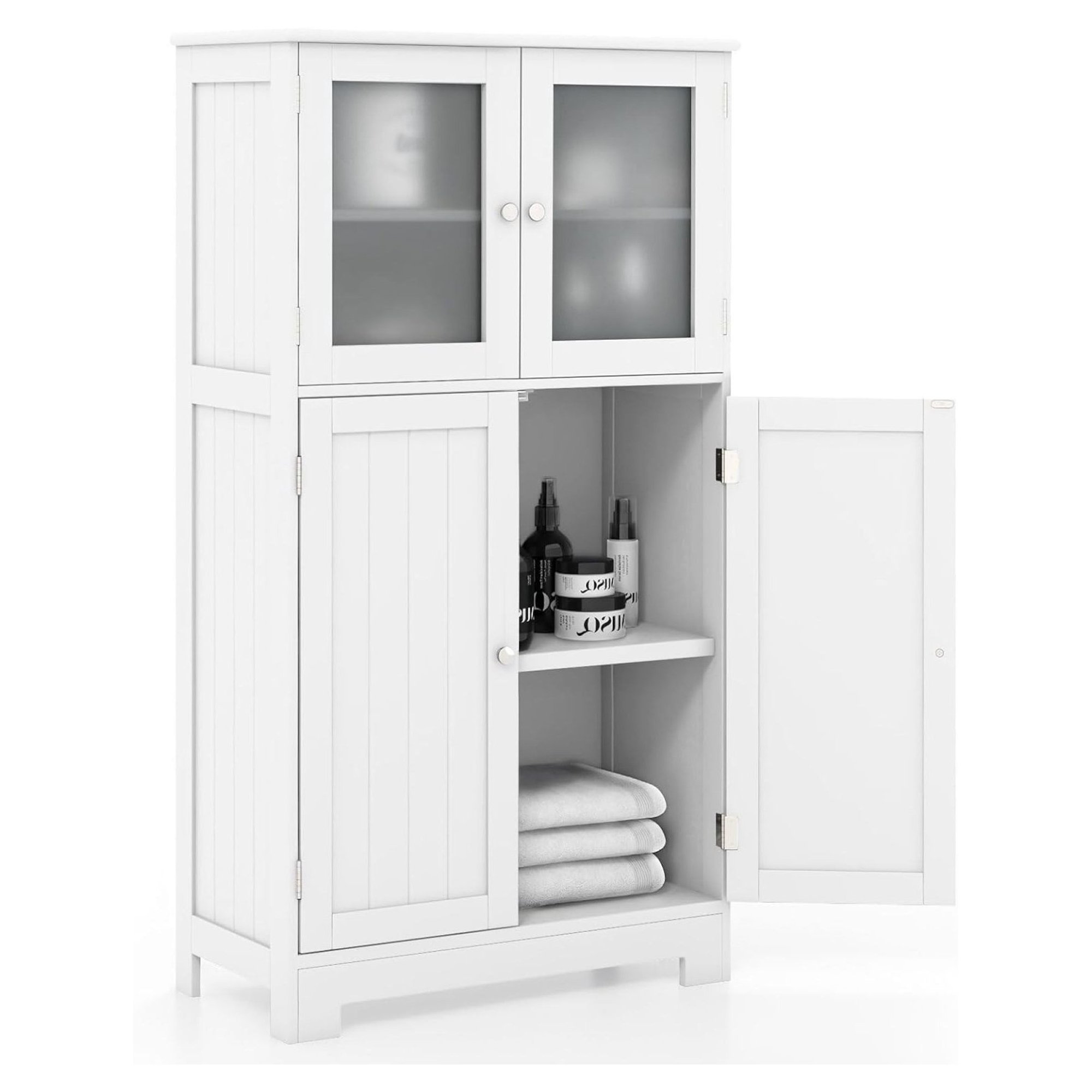 ZHANGHU Bathroom Storage Cabinet, Wooden Linen Storage Organizer Cupboard with Doors & Adjustable Shelf, Freestanding Floor Cabinet for Living Room, Kitchen, Entryway, Office (White)