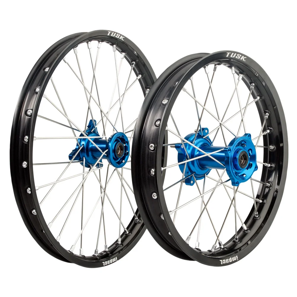 Tusk Impact Complete Front and Rear Wheel 1.60 x 21/2.15 x 18 Black Rim/Silver Spoke/Blue Hub