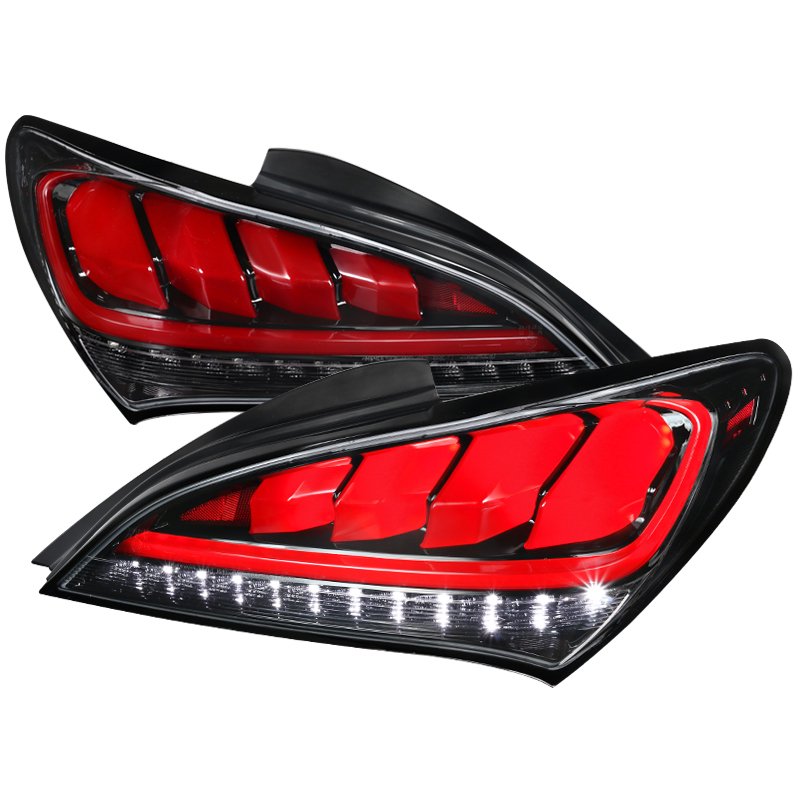 Spec-D Tuning Jet Black Housing Clear Lens Red Sequential LED Bar Tail Lights Compatible with 2010-2016 Hyundai Genesis Coupe Left + Right Pair Assembly
