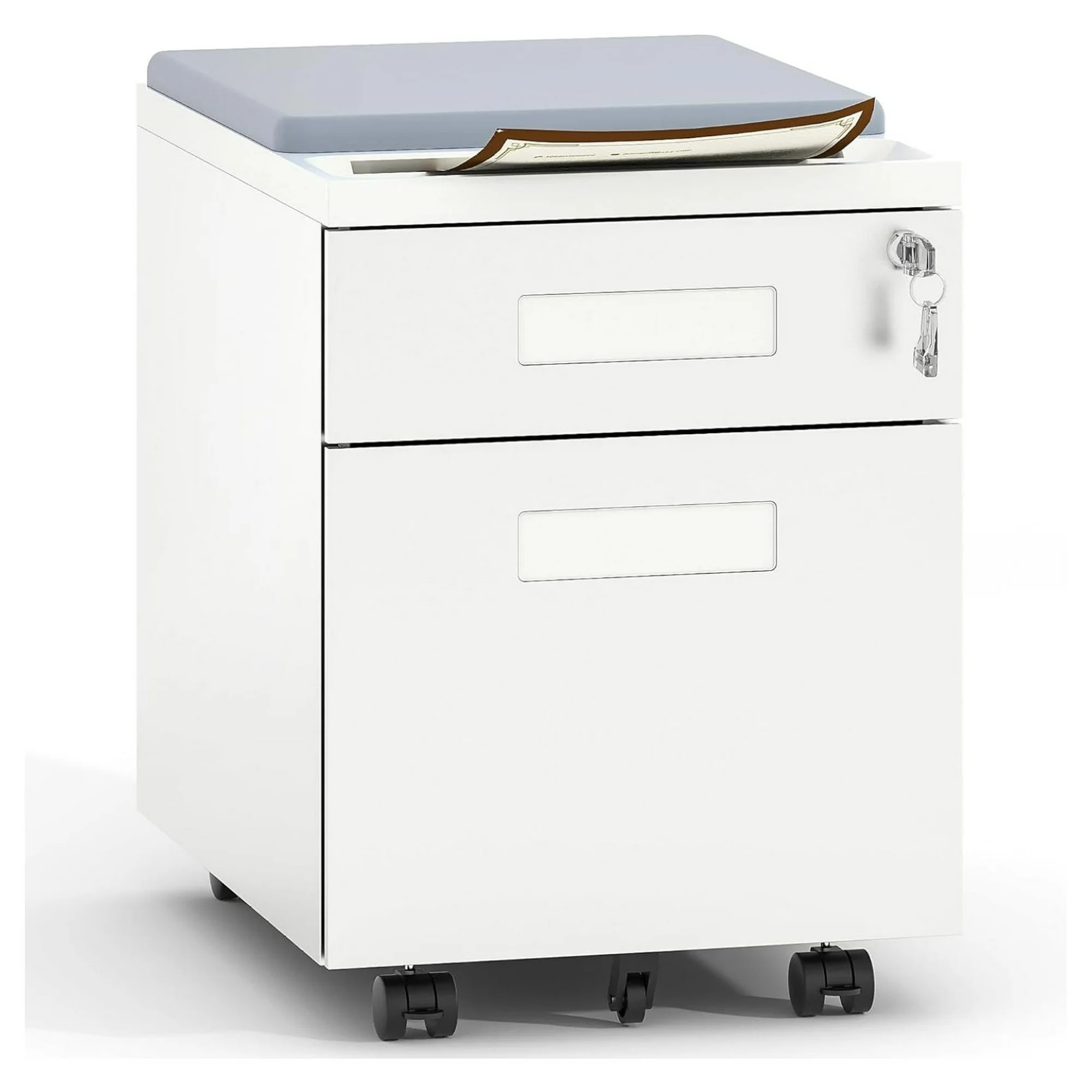 ZHANGHU 2 Drawer Mobile File Cabinet with Removable Magnetic Cushion Seat, Rolling File Cabinet Fully Assembled Under Desk, Metal Filing Cabinet with Envelopes for Home Office (White)