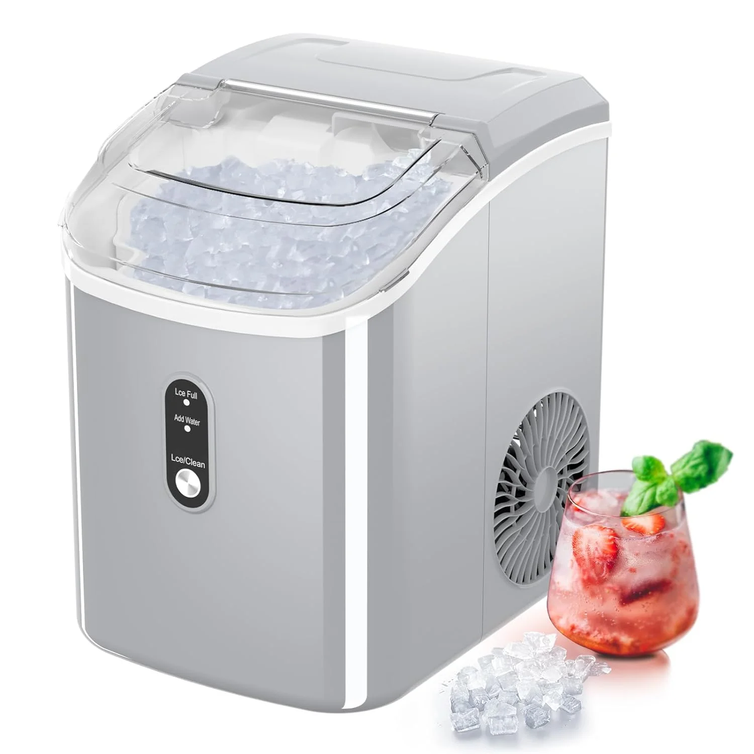 Nugget Ice Maker Countertop, Portable Crushed Sonic Ice Machine, Self Cleaning Ice Makers with One-Click Operation, Chewable Pebble Ice in 7 Mins, 34Lbs/24H with Ice Scoop for Home Bar Camping (Grey)