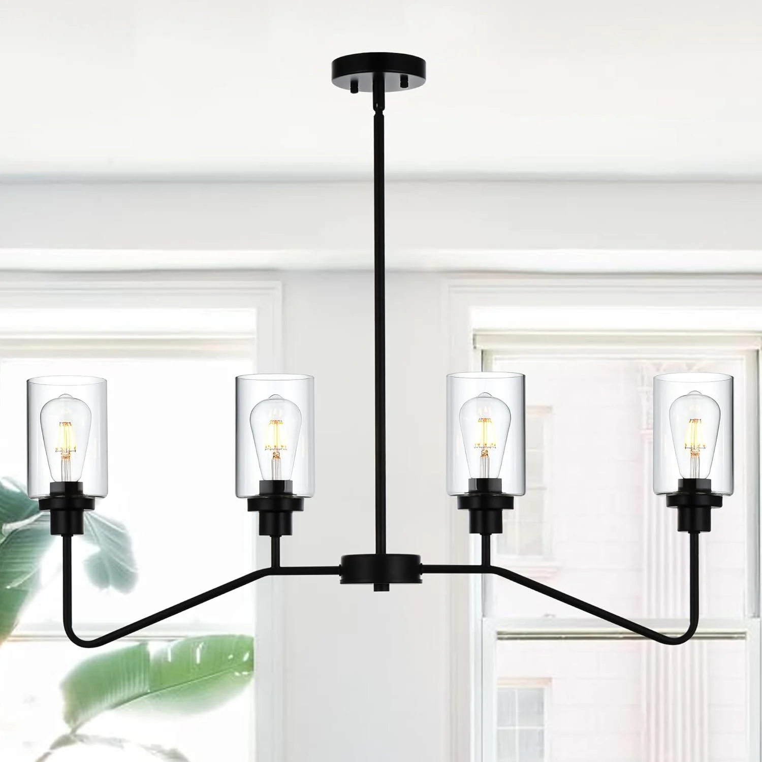 WEIKE Linear Chandelier Classic Kitchen Island Lighting, 4-Light Black Chandeliers for Dining Room Light Fixture Over Table, Modern Pendant Lights with Clear Glass Shade