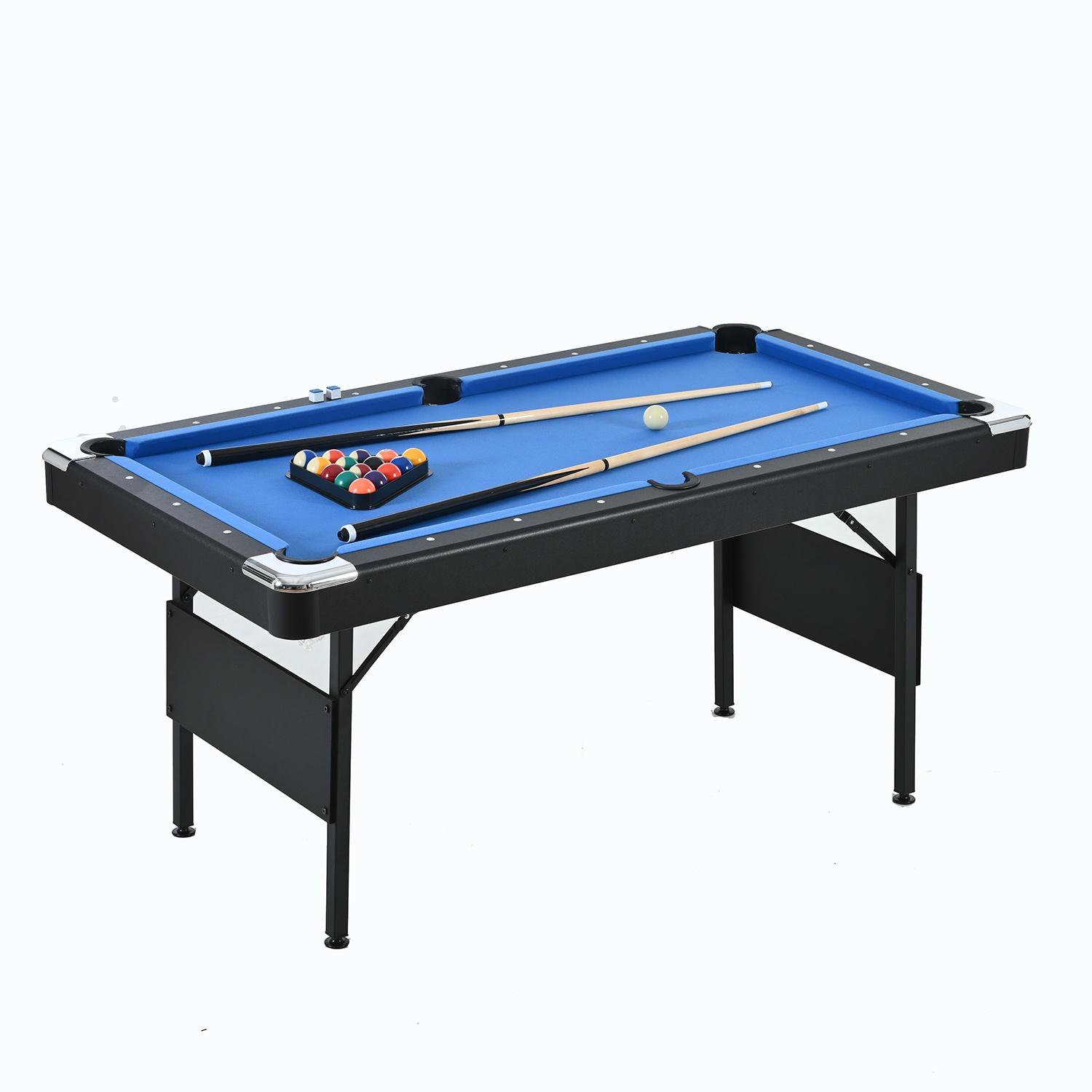 5.5 FT Billiards Table, Portable Pool Table for Families, Easy Folding for Storage, Classic Blue Nylon Cloth, Includes Full Set of Balls, 2 Cue Sticks, Chalk, and Felt Brush, Blue
