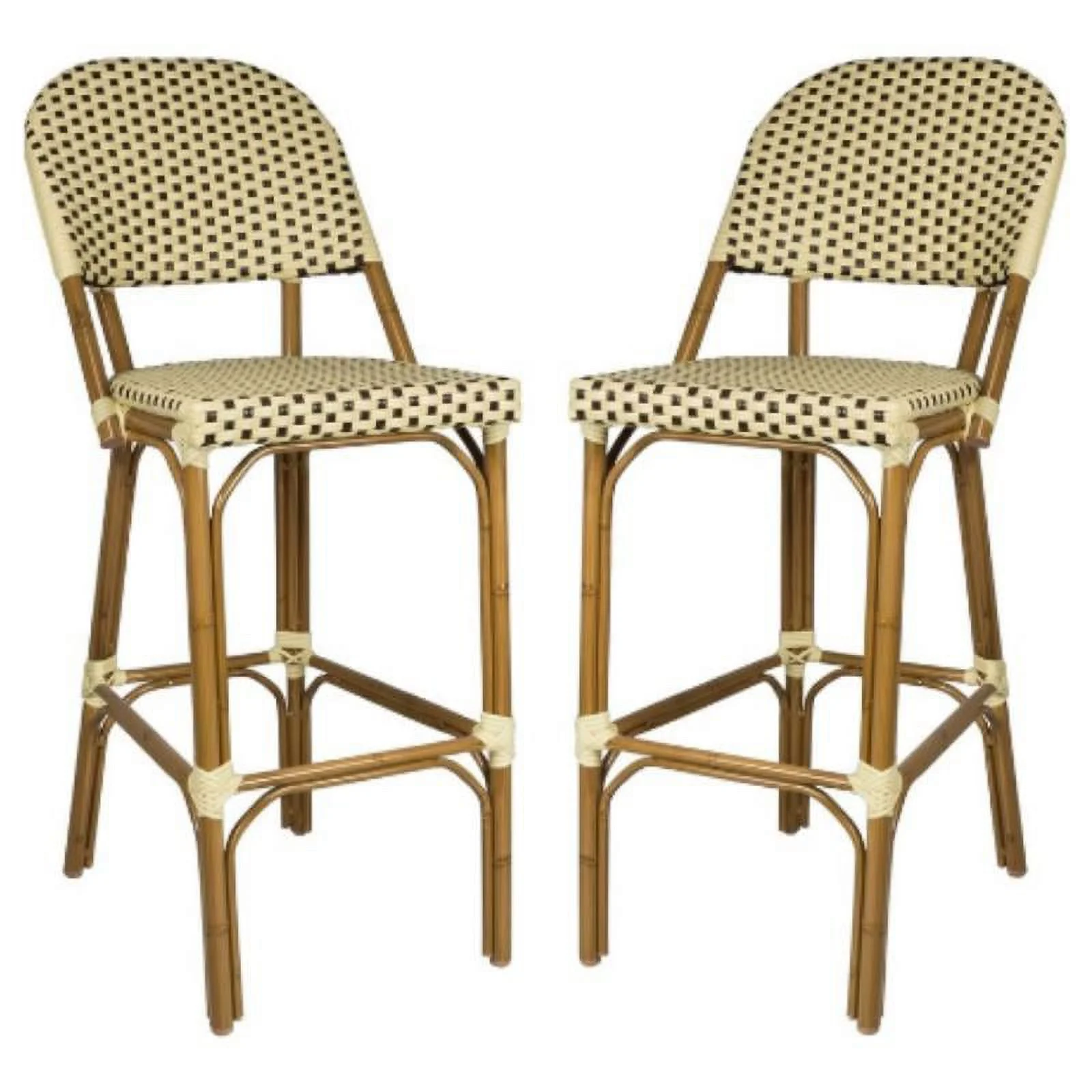 Home Square Resin Wicker Patio Bar Side Stool in Cream & Chocolate - Set of 2