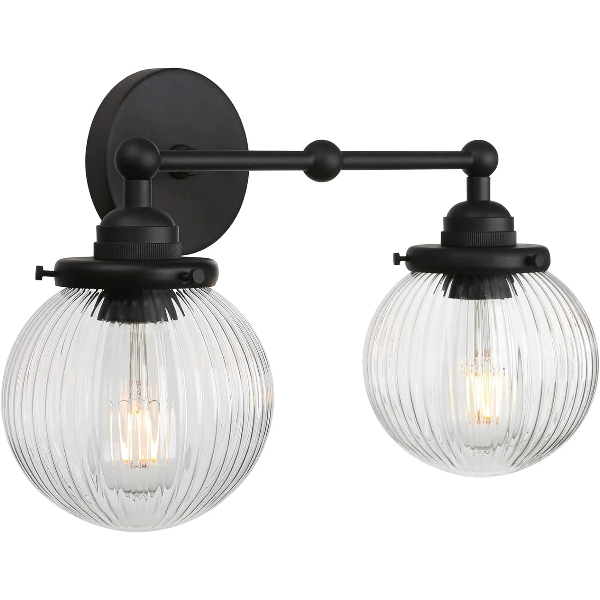 WEIKE Vintage Industrial Indoor Wall Sconce, 2-Light Modern Hardwired Lightings Retro Striped Ribbed Round Glass Shade Farmhouse Wall Lamp for Kitchen Bedroom Living Room Vanity Fixture(Black)